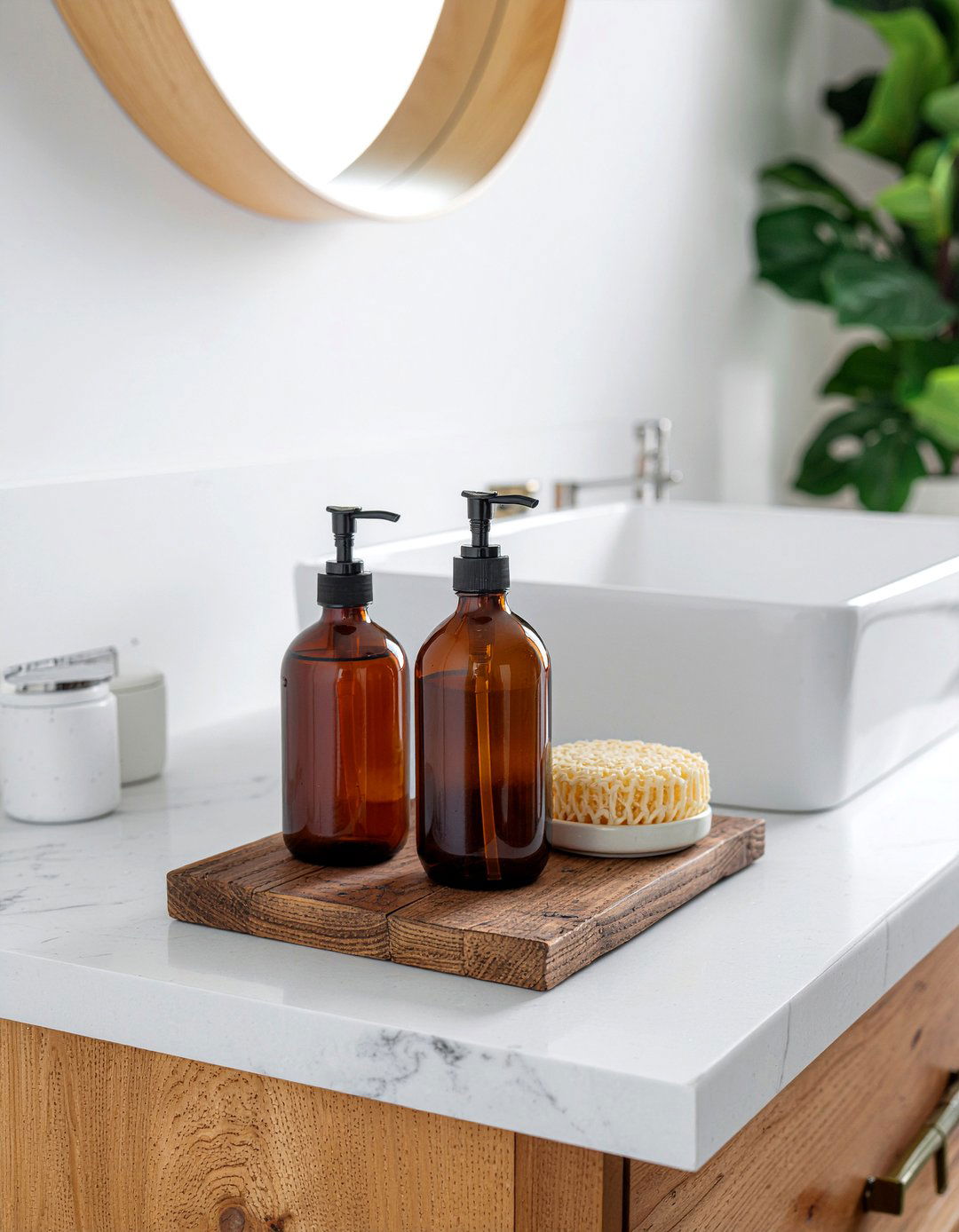 Reclaimed wood soap dispenser stand - 30 reclaimed wood bathroom ideas