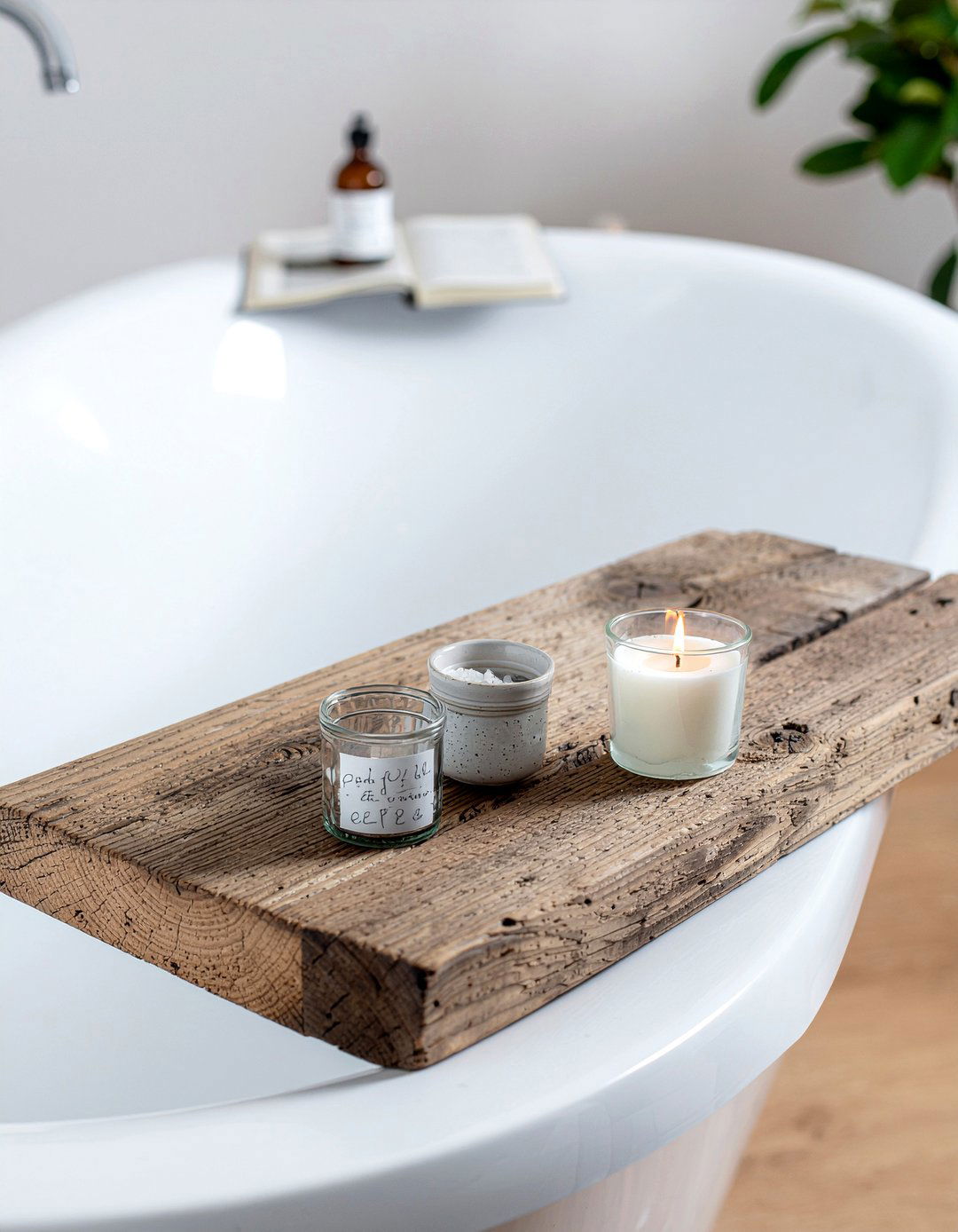 Reclaimed wood tray for bathtub - 30 reclaimed wood bathroom ideas