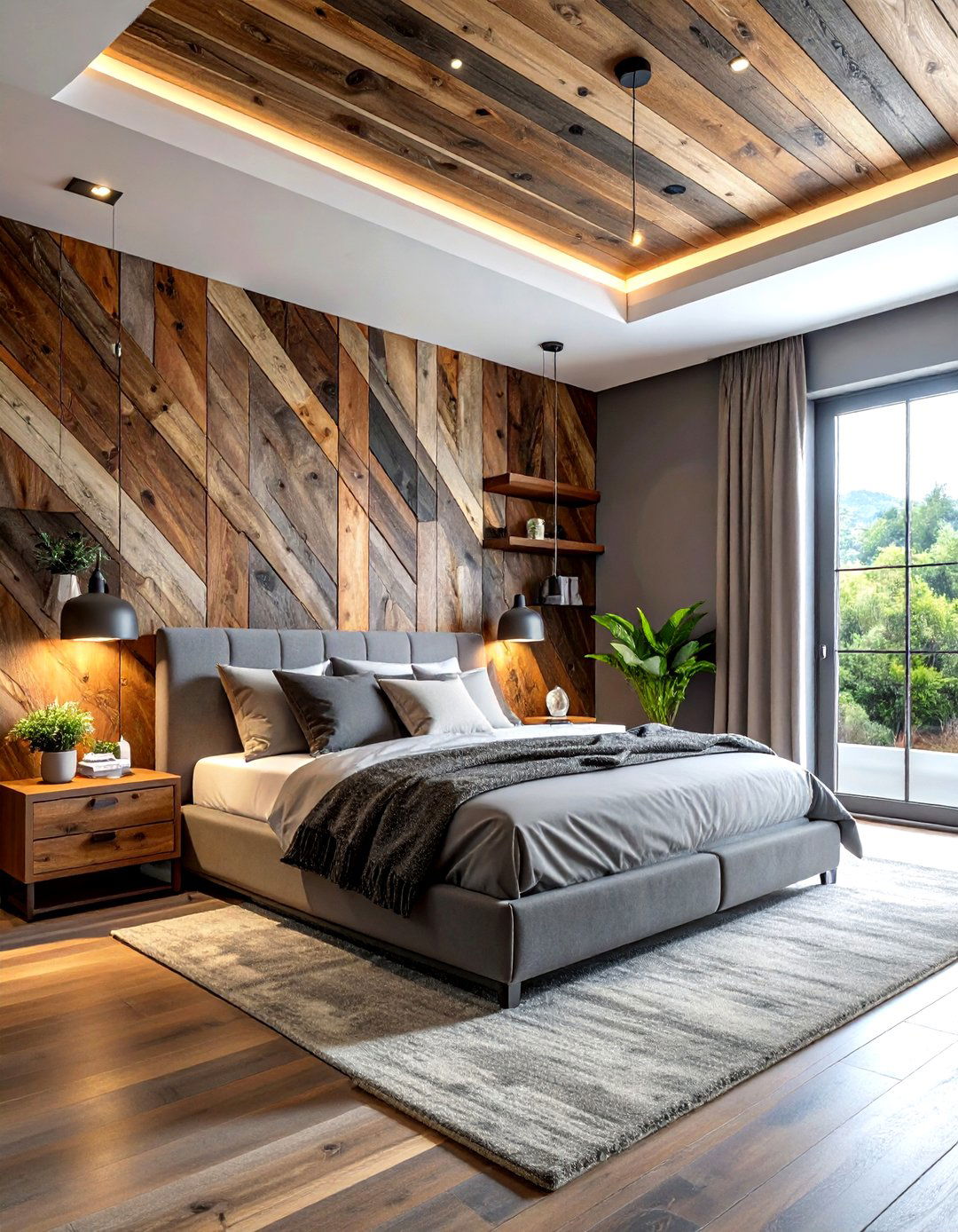 Reclaimed wood wall - 30 industrial grey bedroom ideas