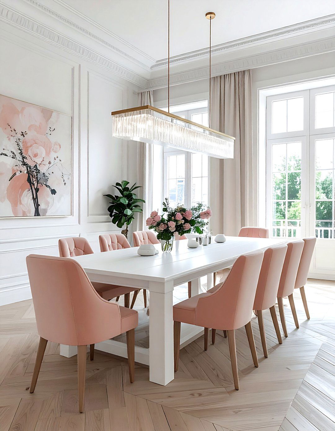 Rectangular table blush white dining - 30 blush and white dining room ideas