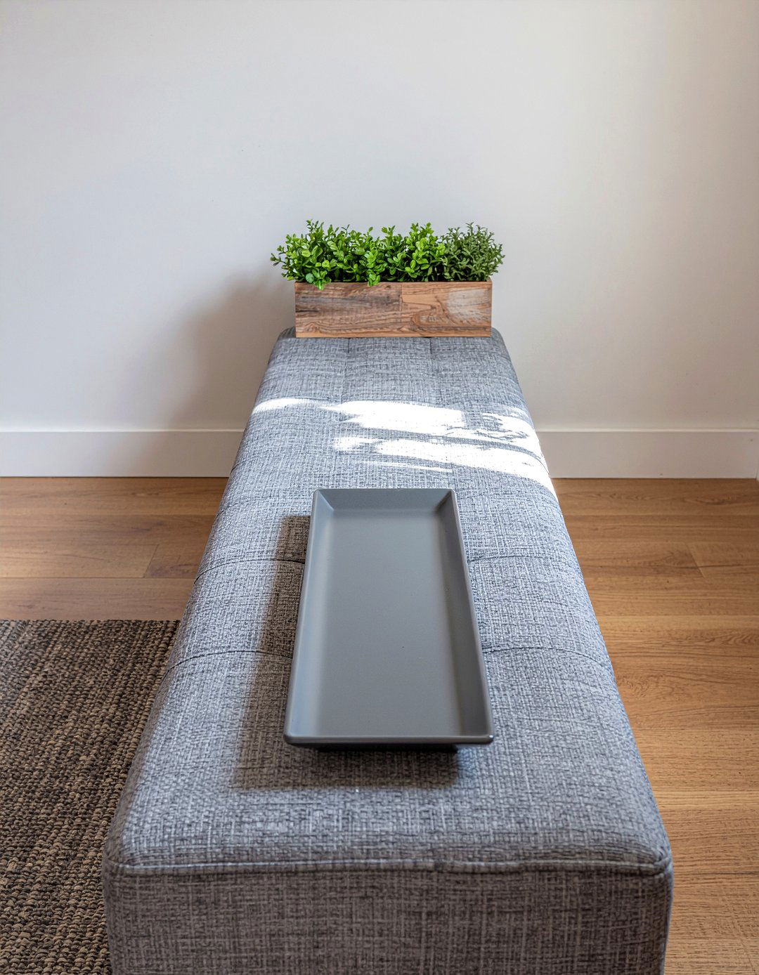 Rectangular tray on long ottoman - 30 living room tray ottoman ideas