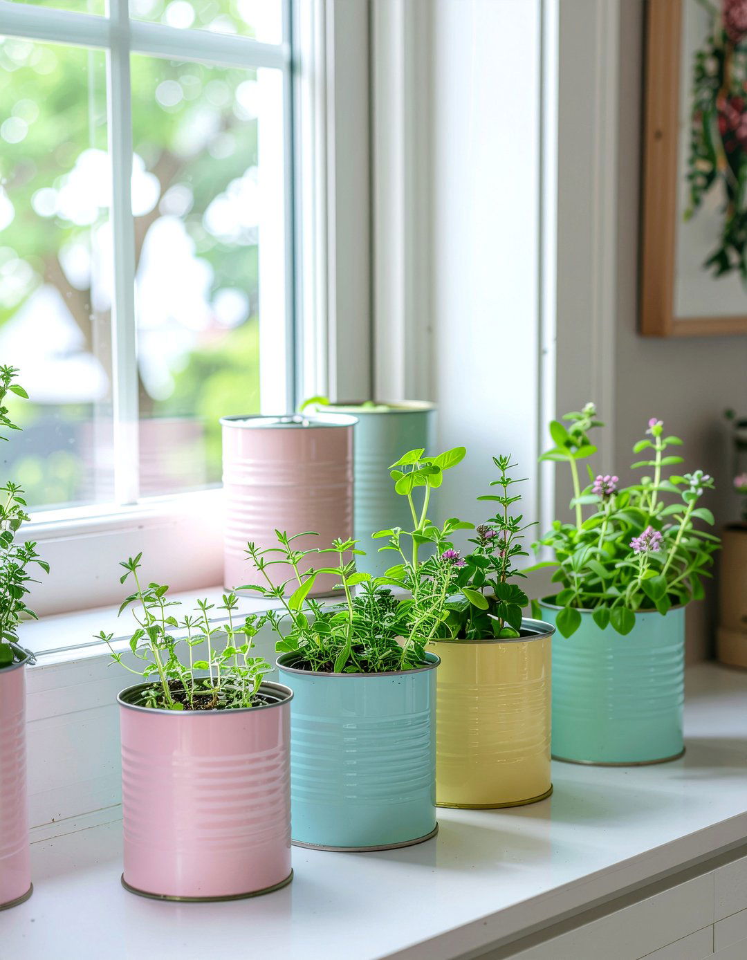 Recycled tin can herb garden - 30 kitchen window herb garden ideas