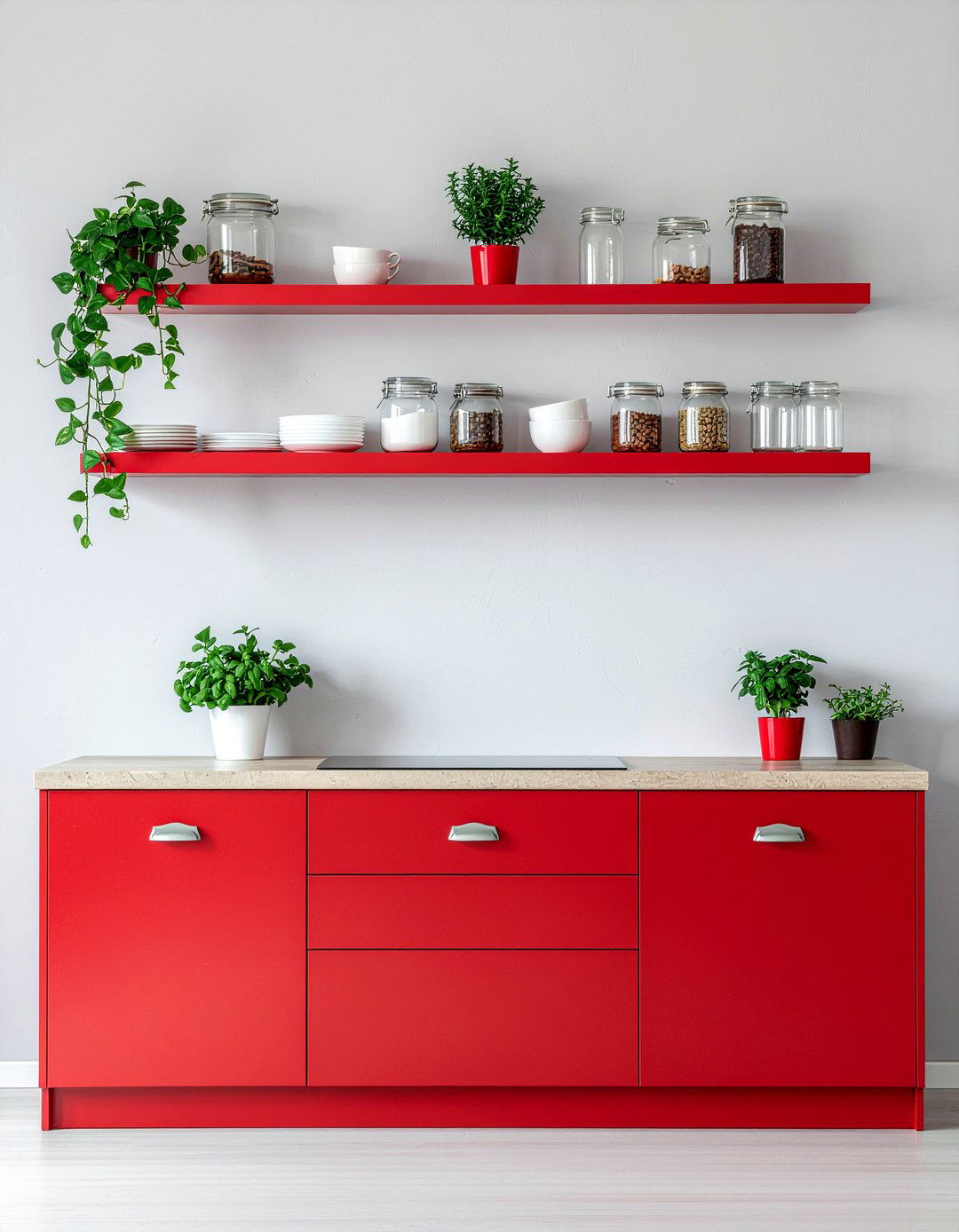 Red Open Shelving - 30 red kitchen ideas