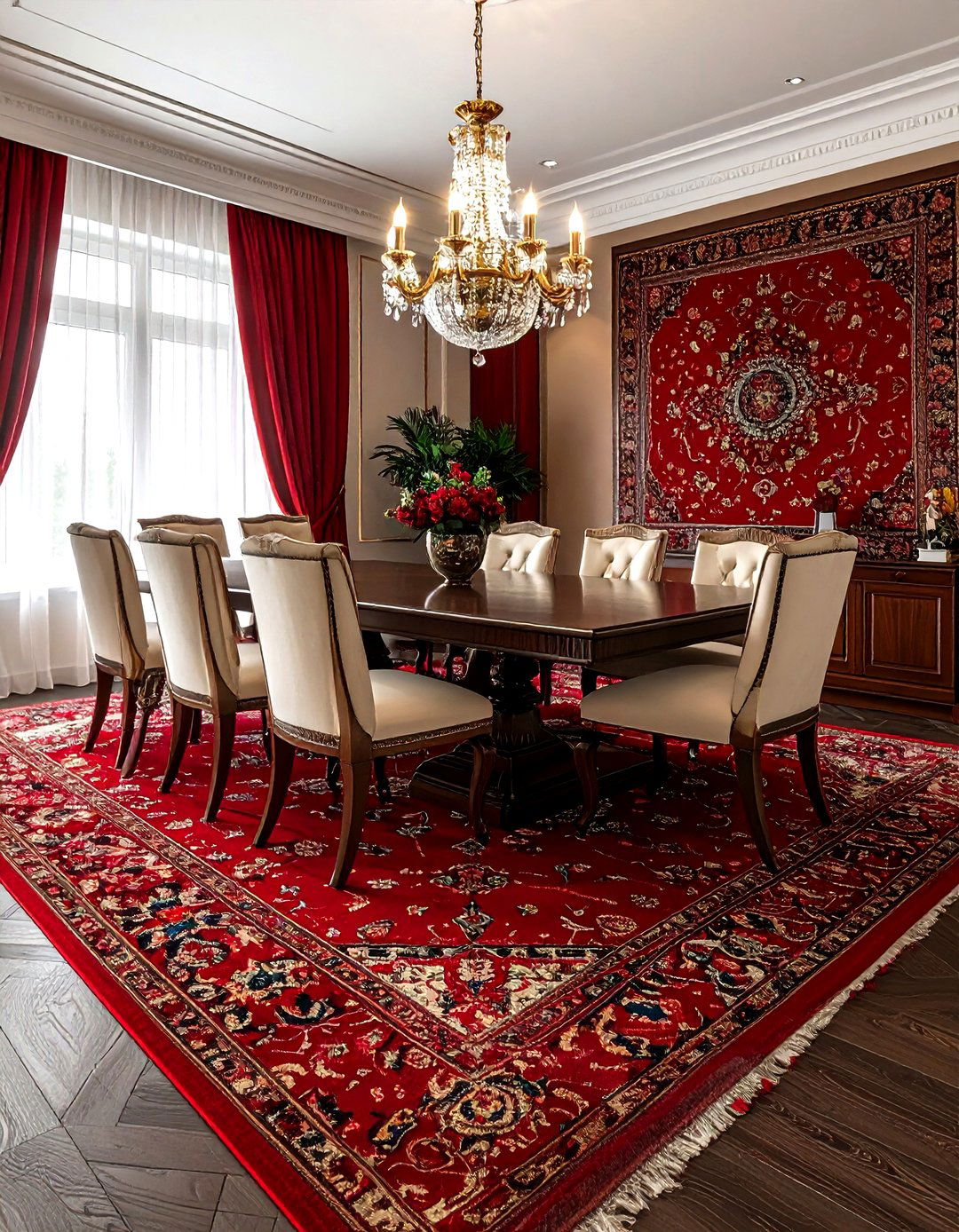 Red Persian rug dining room - 30 vintage rug dining room ideas