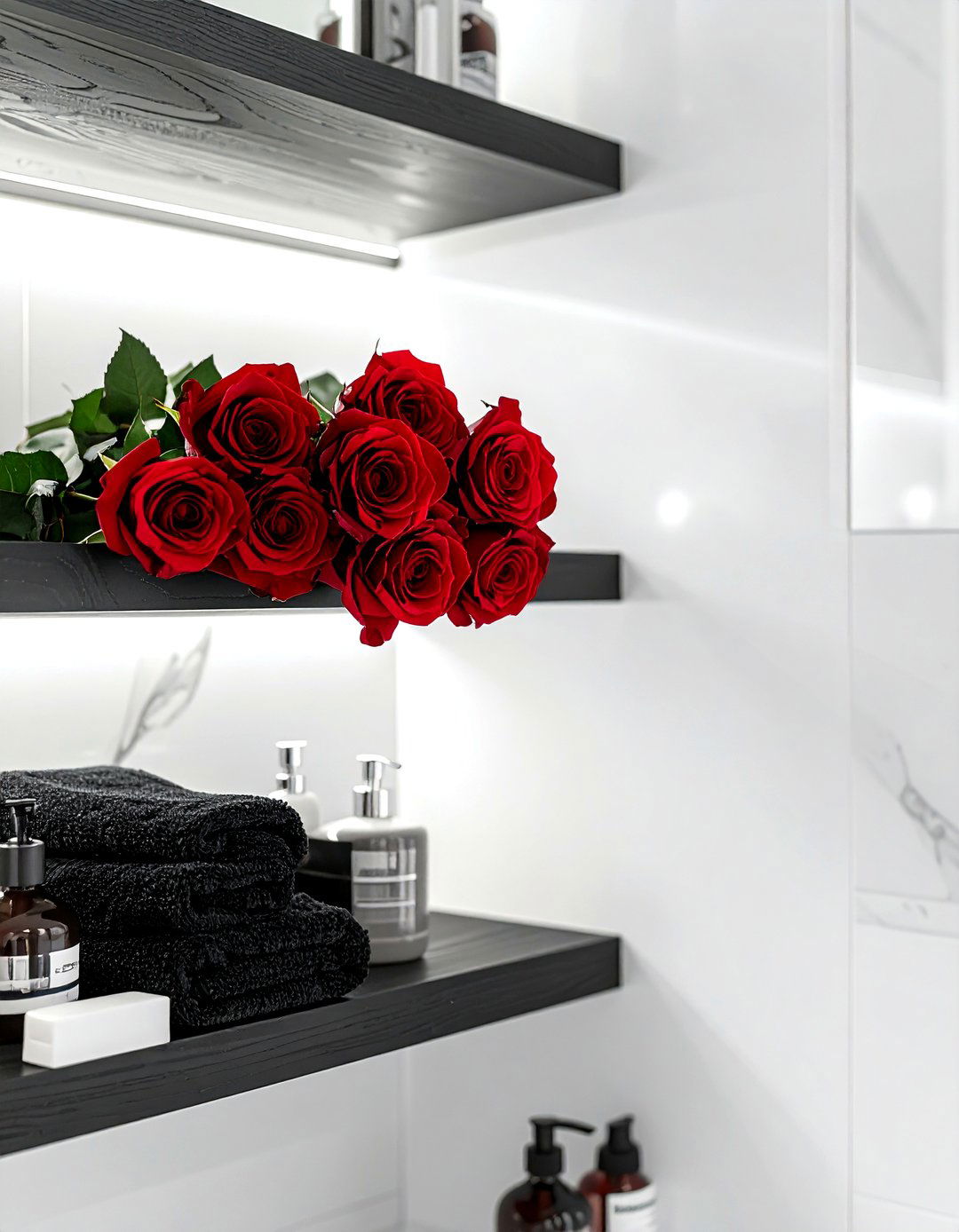 Red Roses On Built In Shelving - 30 bathroom flower arrangement ideas