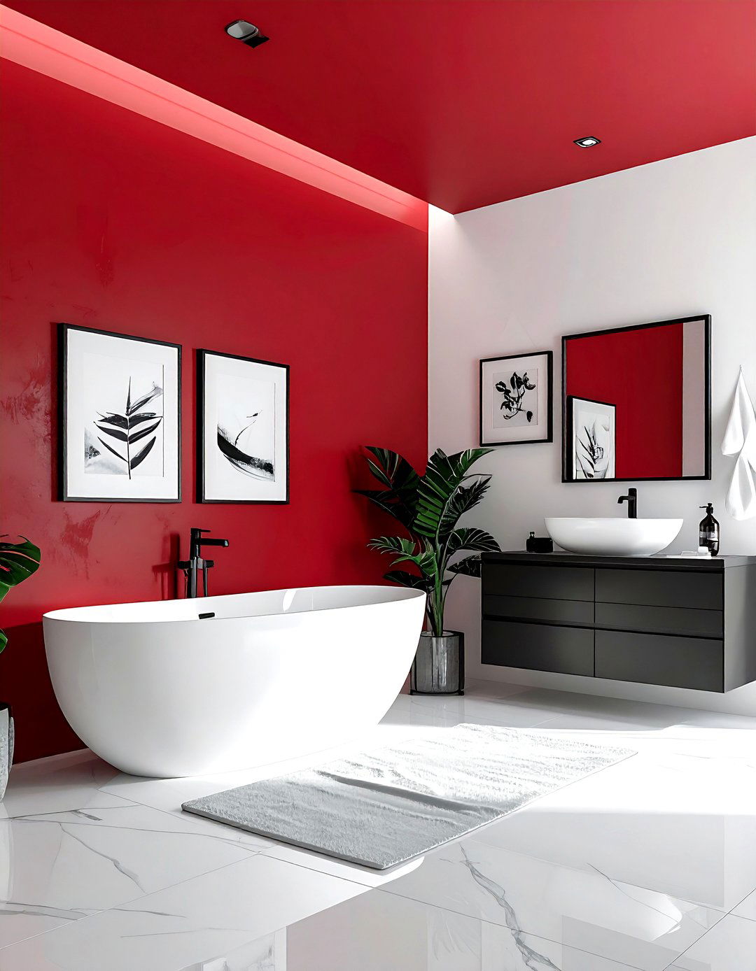Red accent wall bathroom - 30 red and white bathroom ideas