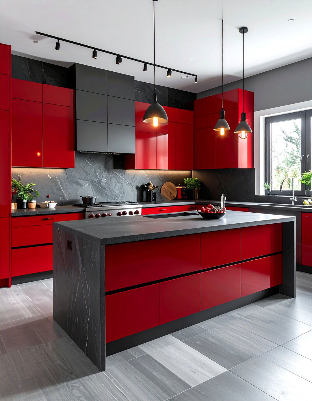 Red and gray kitchen - 30 red kitchen color schemes