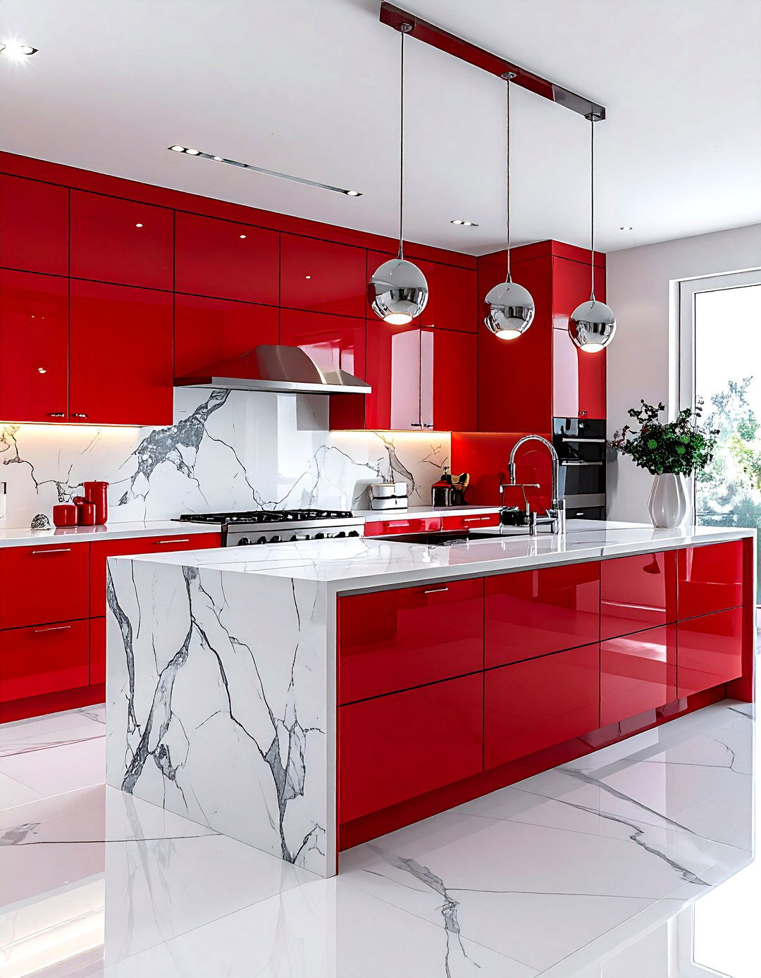 Red and marble kitchen - 30 red kitchen color schemes