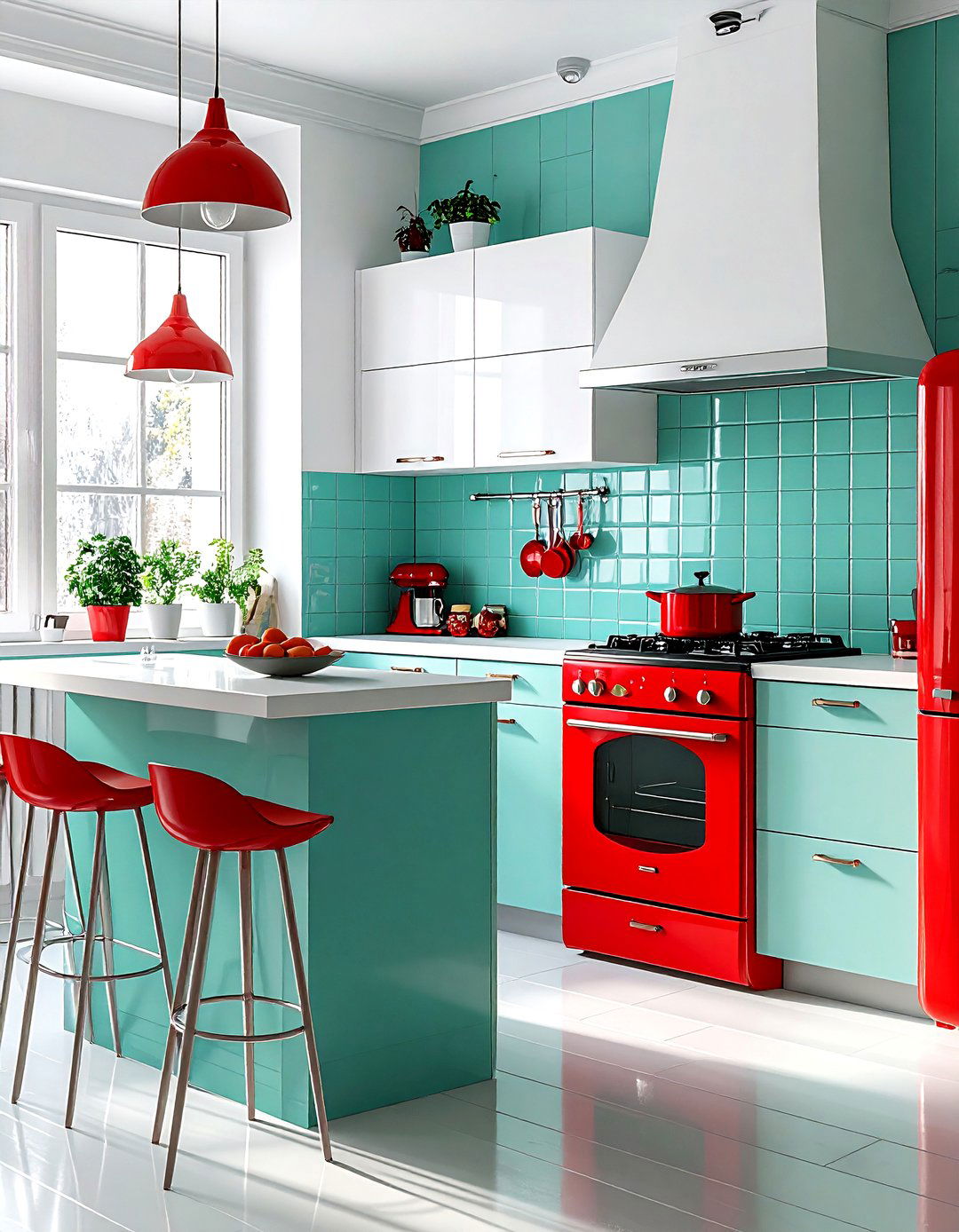 Red and turquoise kitchen - 30 red kitchen color schemes