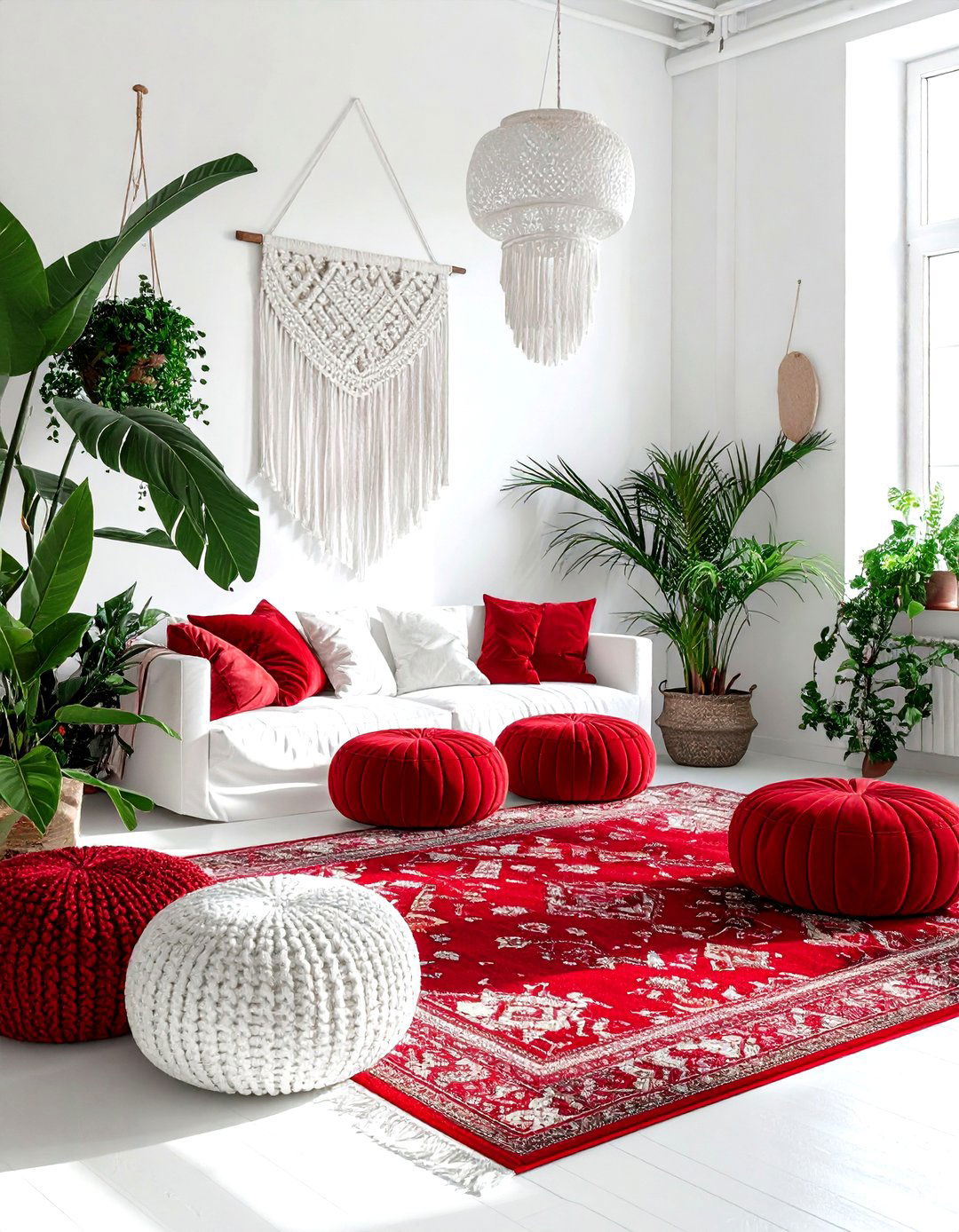 Red and white bohemian living room - 30 red and white living room ideas