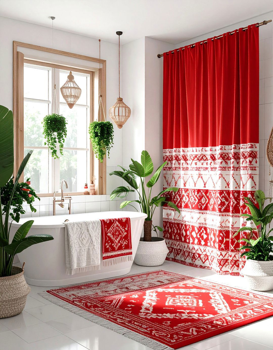 Red and white boho bathroom - 30 red and white bathroom ideas