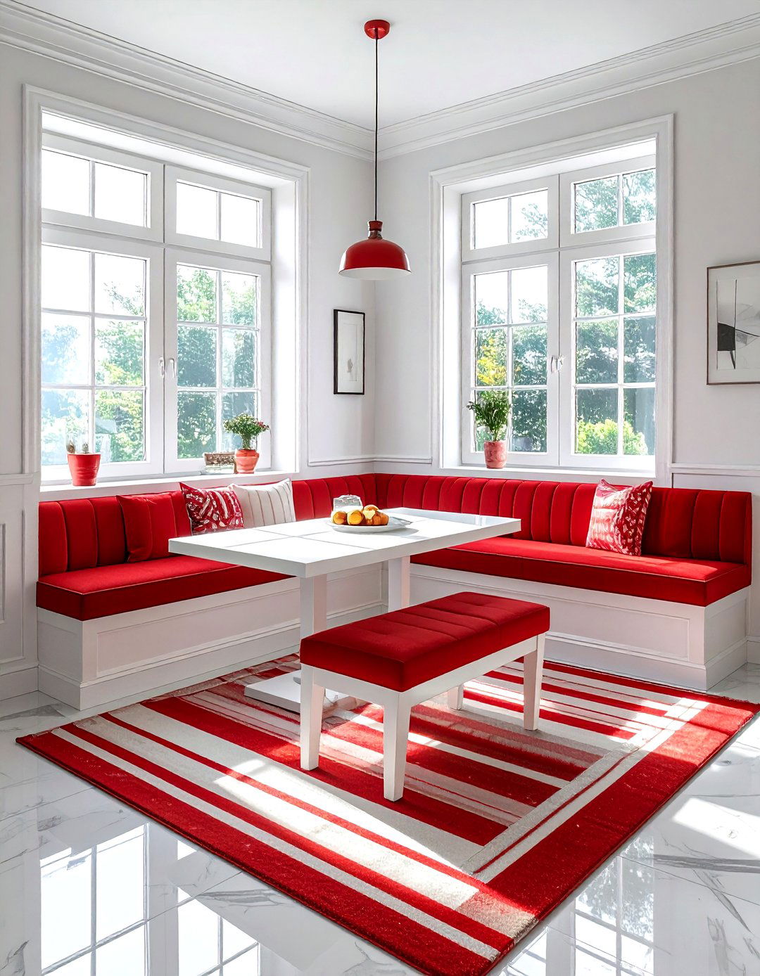 Red and white breakfast nook - 30 red and white kitchen ideas
