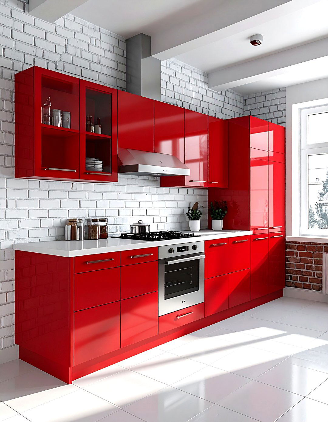 Red and white brick kitchen - 30 red and white kitchen ideas