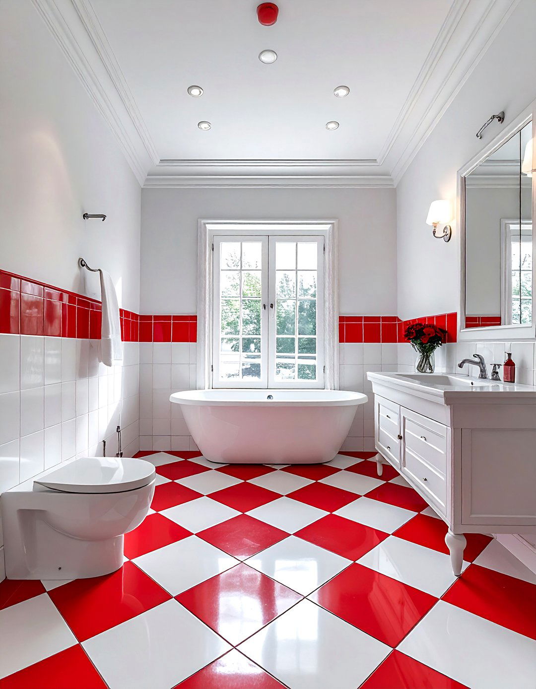 Red and white checkered floor bathroom - 30 red and white bathroom ideas