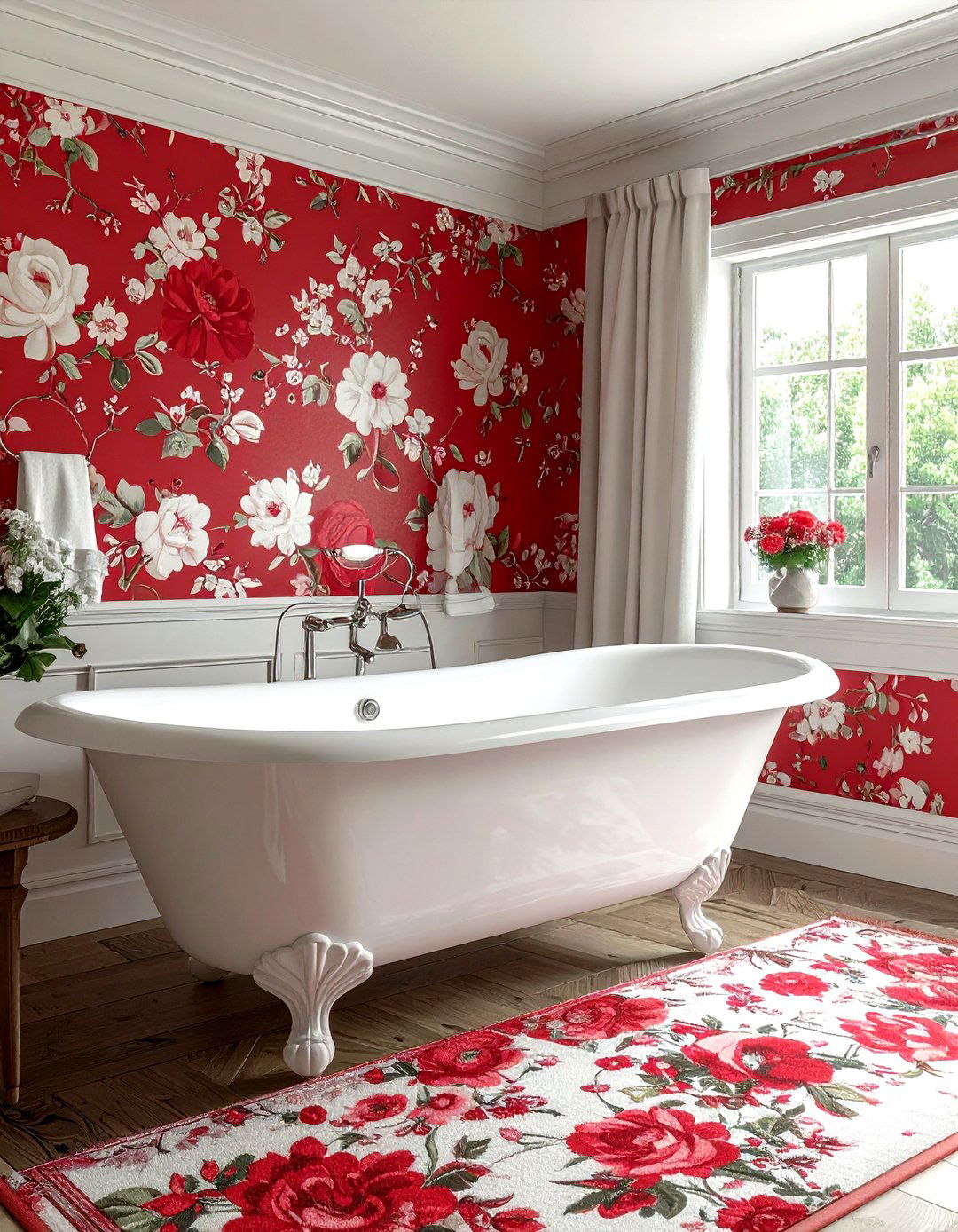 Red and white floral bathroom - 30 red and white bathroom ideas