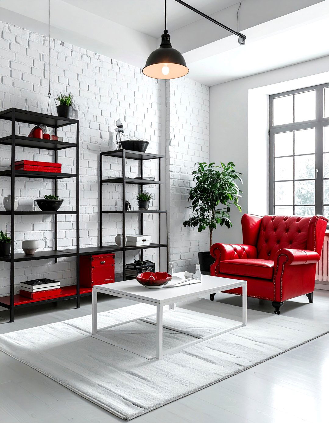 Red and white industrial living room - 30 red and white living room ideas