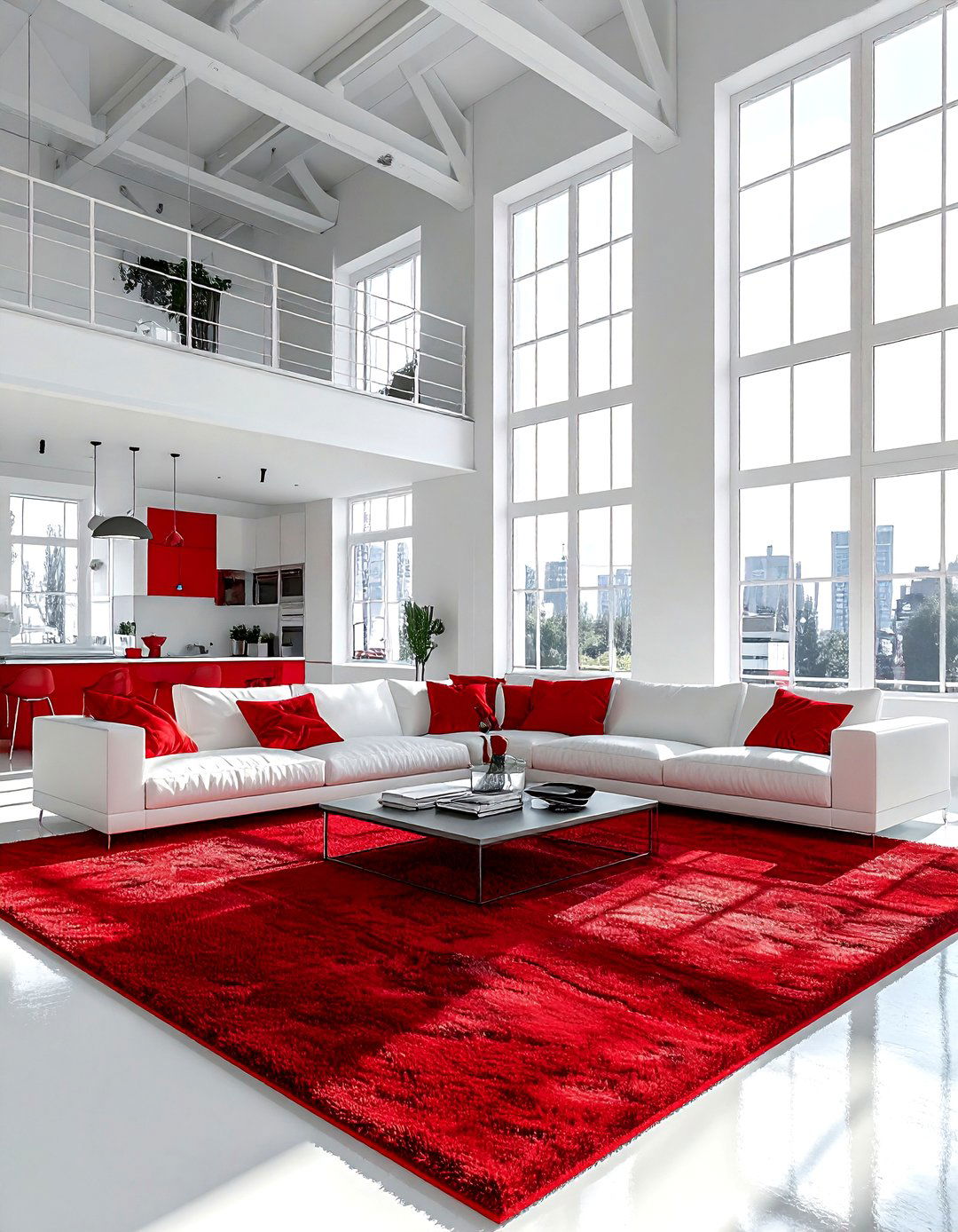 Red and white loft living room - 30 red and white living room ideas