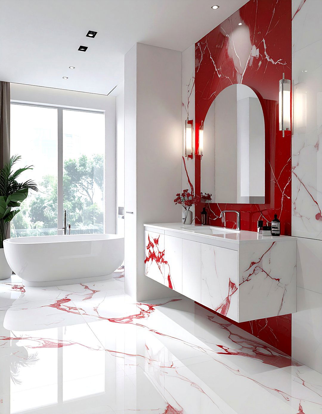 Red and white marble bathroom - 30 red and white bathroom ideas