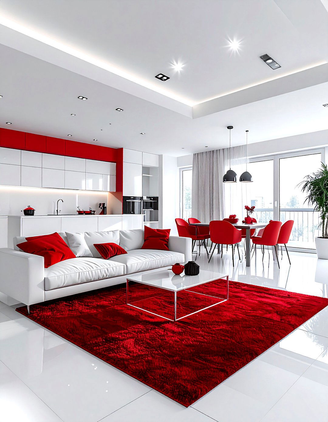Red and white open plan living room - 30 red and white living room ideas