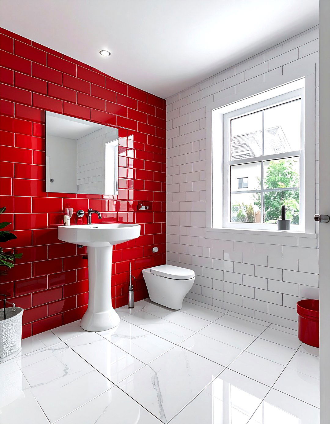 Red and white subway tile bathroom - 30 red and white bathroom ideas