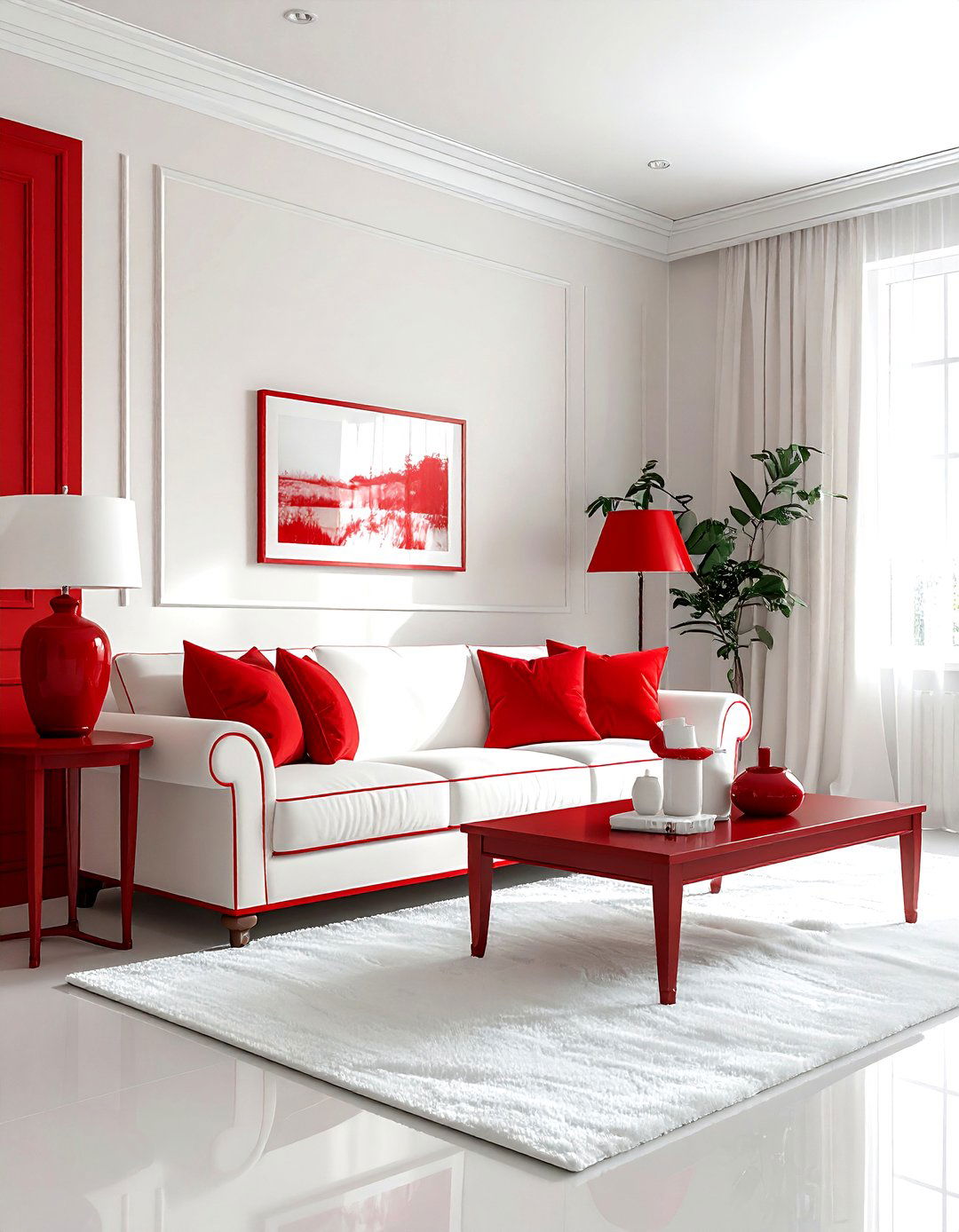 Red and white transitional living room - 30 red and white living room ideas