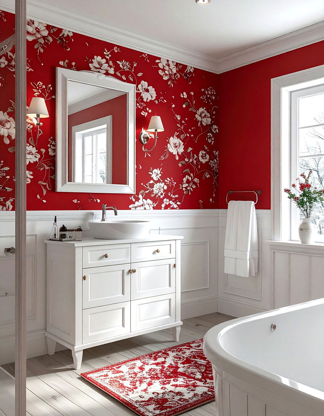 Red and white wallpaper bathroom - 30 red and white bathroom ideas