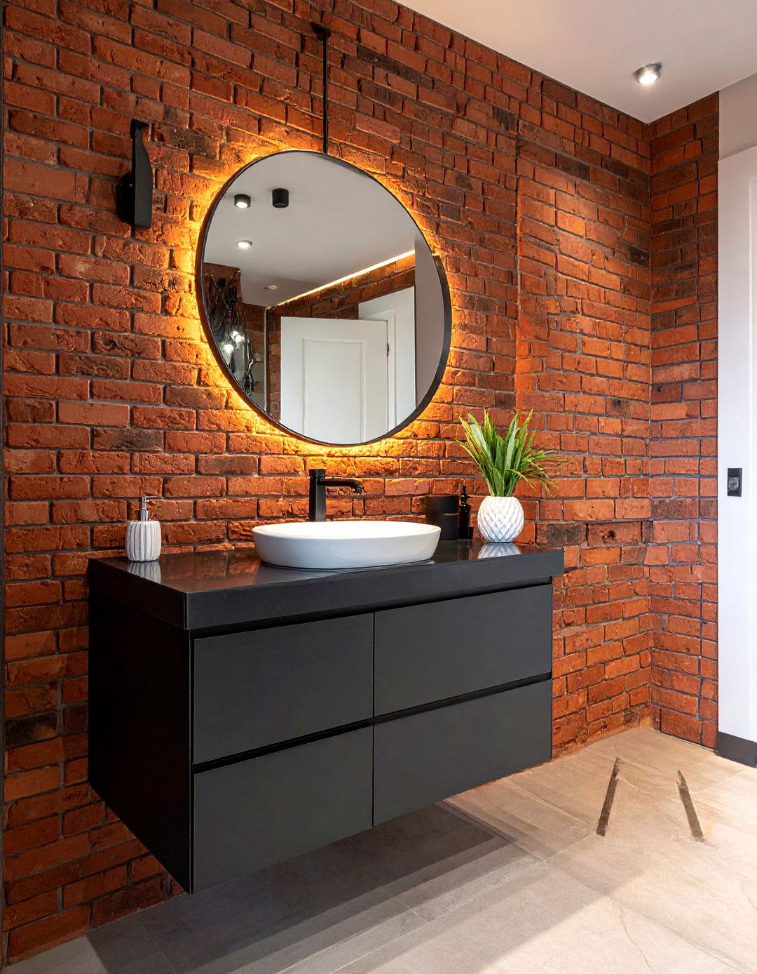 Red brick bathroom vanity wall - 30 brick accent wall bathroom ideas