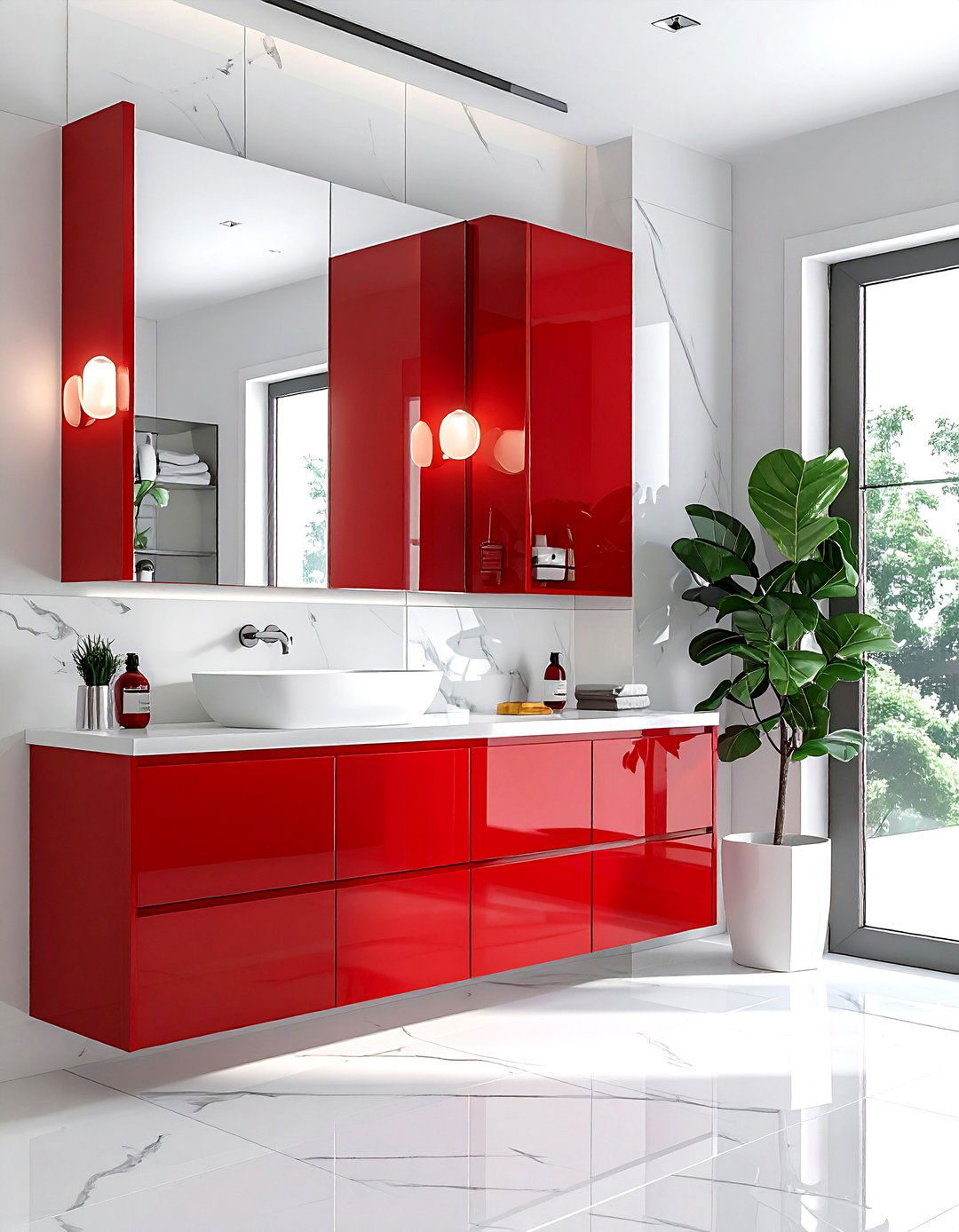 Red cabinet white countertop bathroom - 30 red and white bathroom ideas