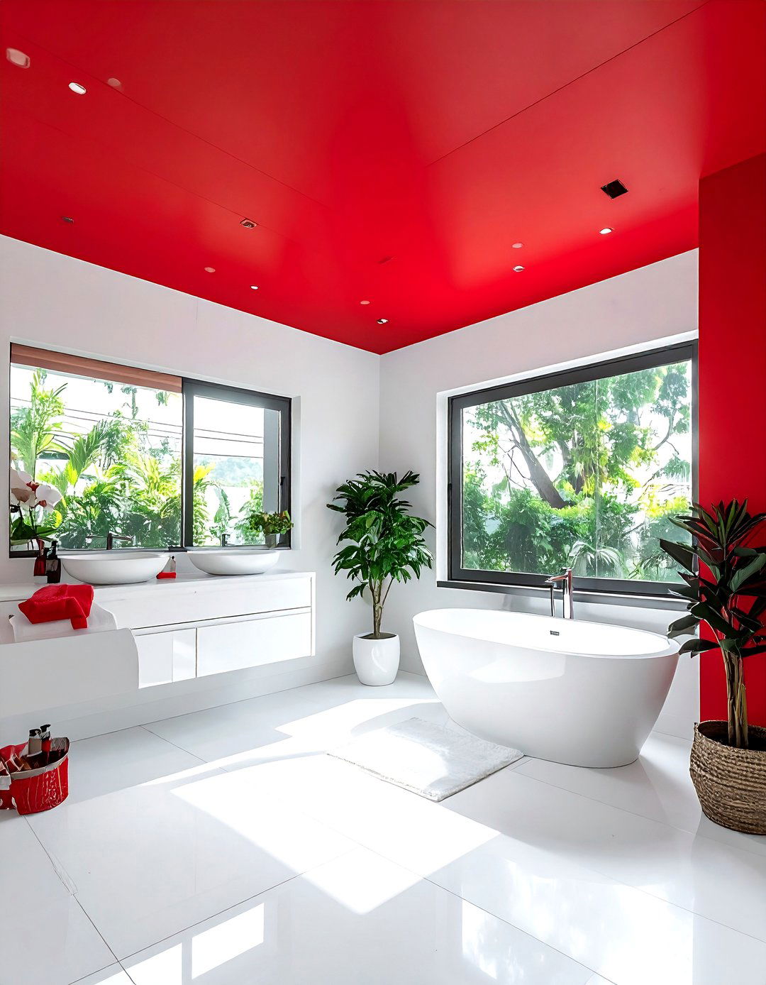Red ceiling white bathroom - 30 red and white bathroom ideas
