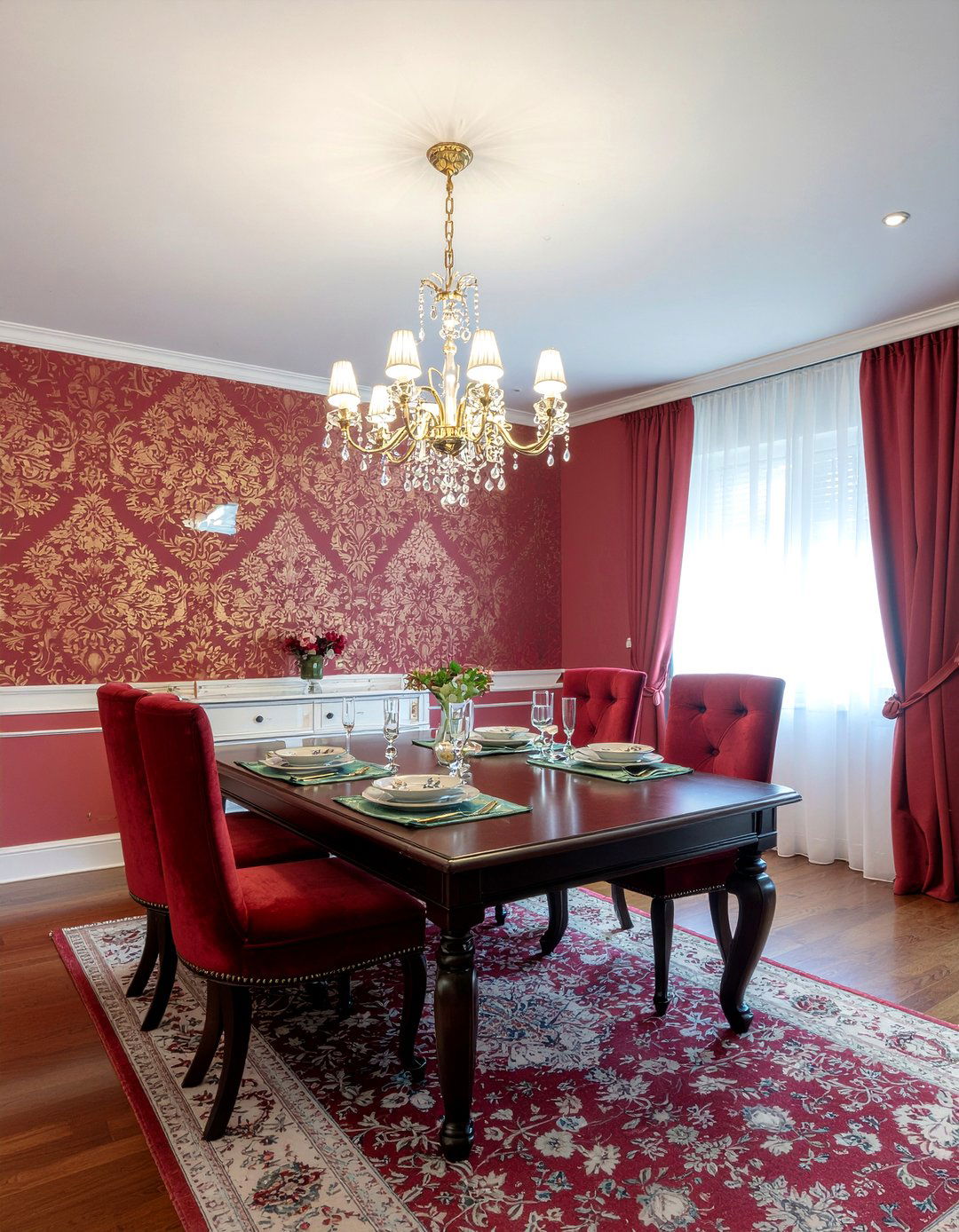 Red damask wallpaper dining room - 30 damask wallpaper dining room ideas
