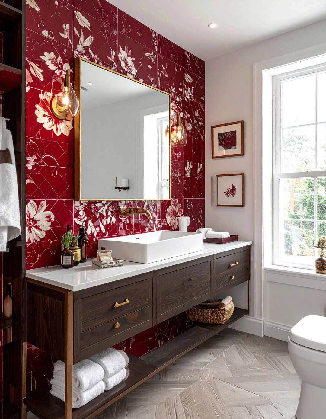 Red encaustic tile bathroom wall - 30 cement tile bathroom ideas