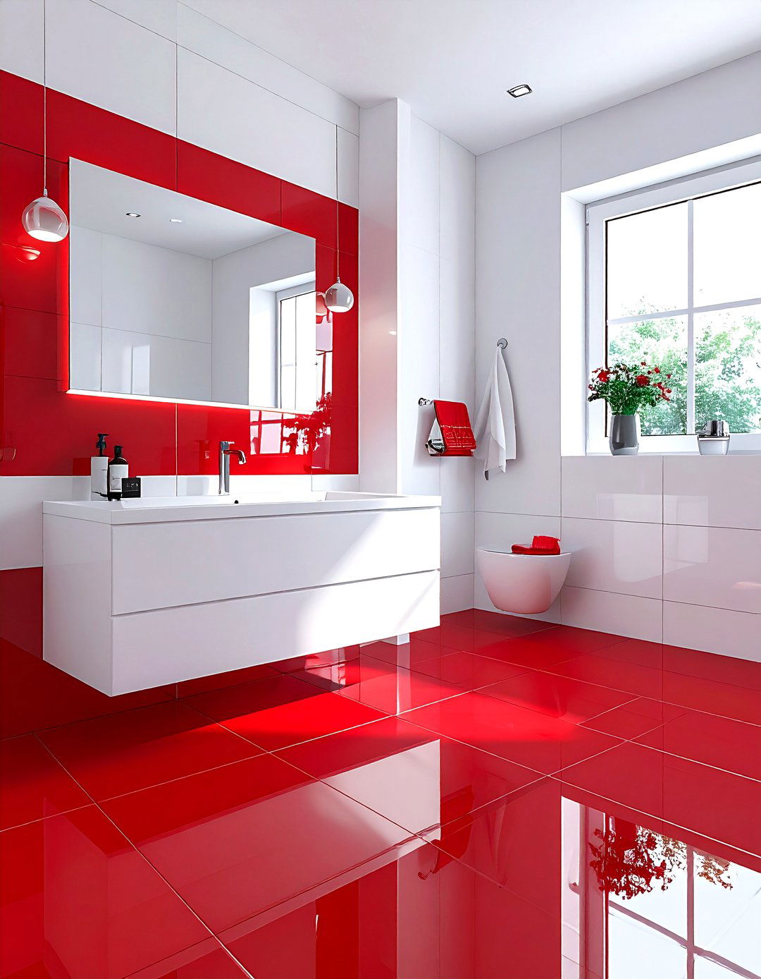Red floor tile white bathroom - 30 red and white bathroom ideas