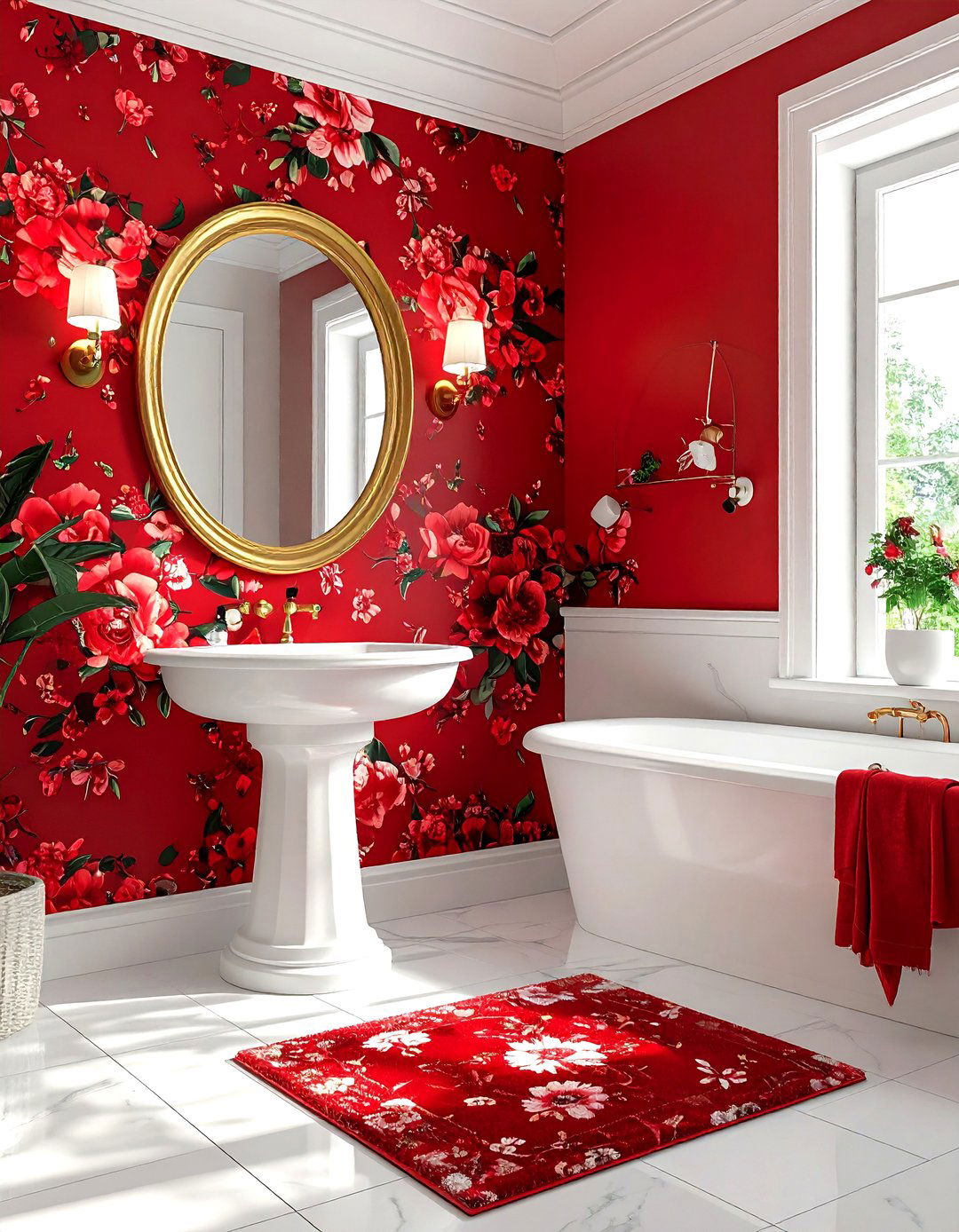 Red floral bathroom - 30 red bathroom ideas