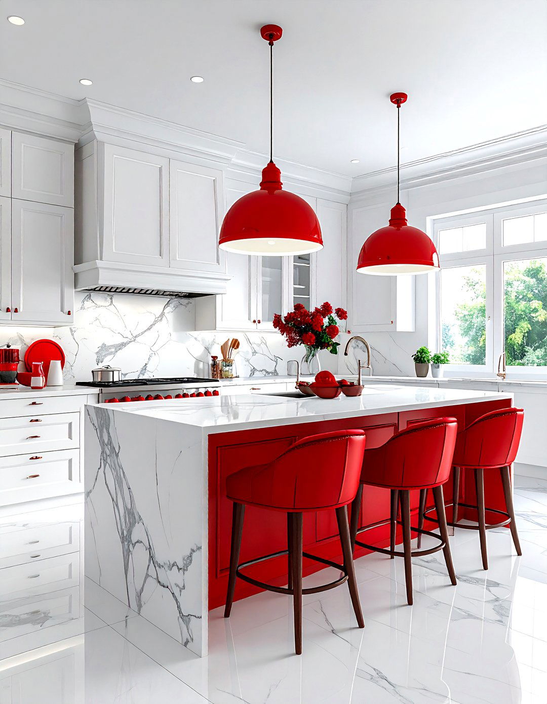 Red kitchen island white cabinets - 30 red and white kitchen ideas