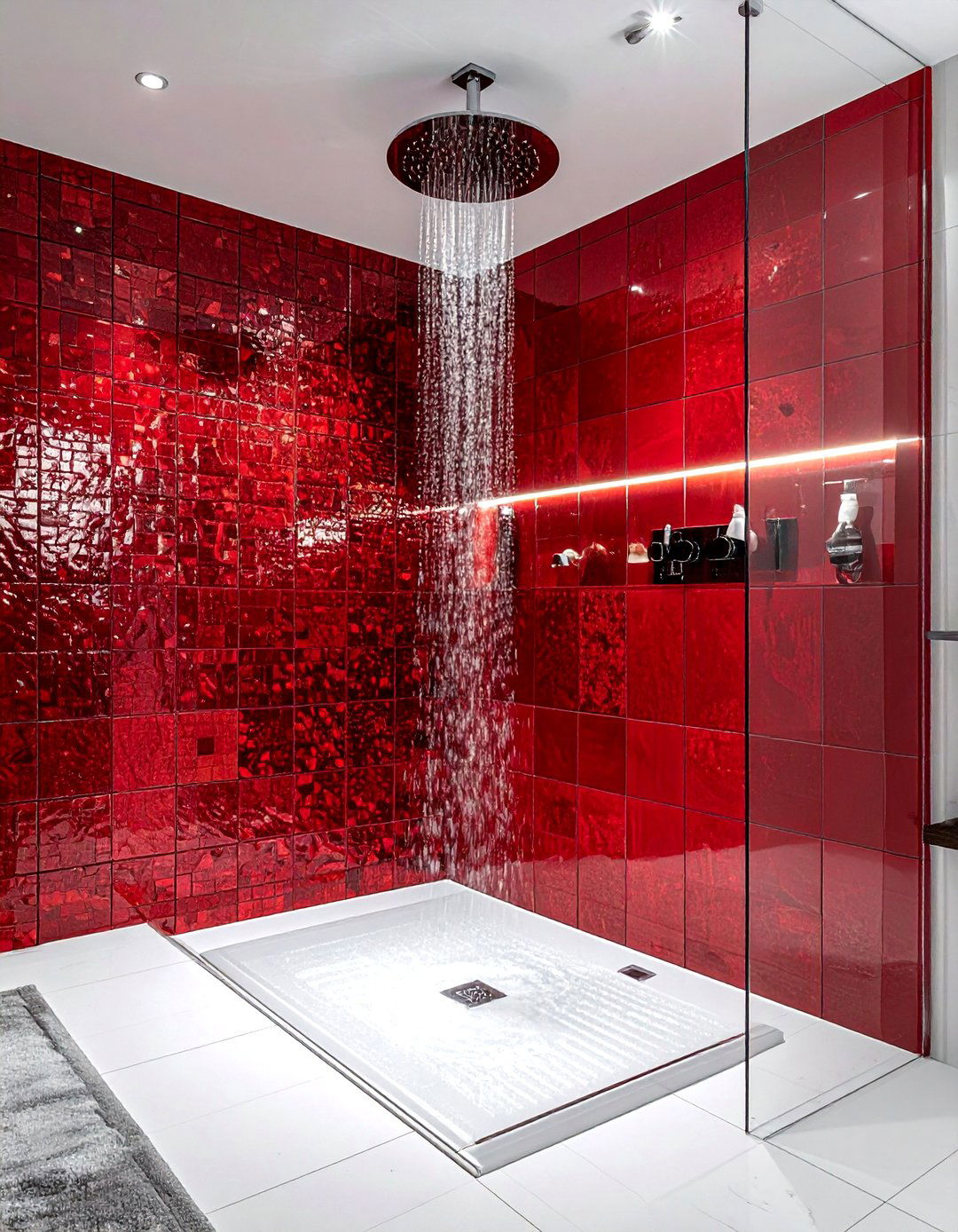 Red mosaic tile shower - 30 red and white bathroom ideas
