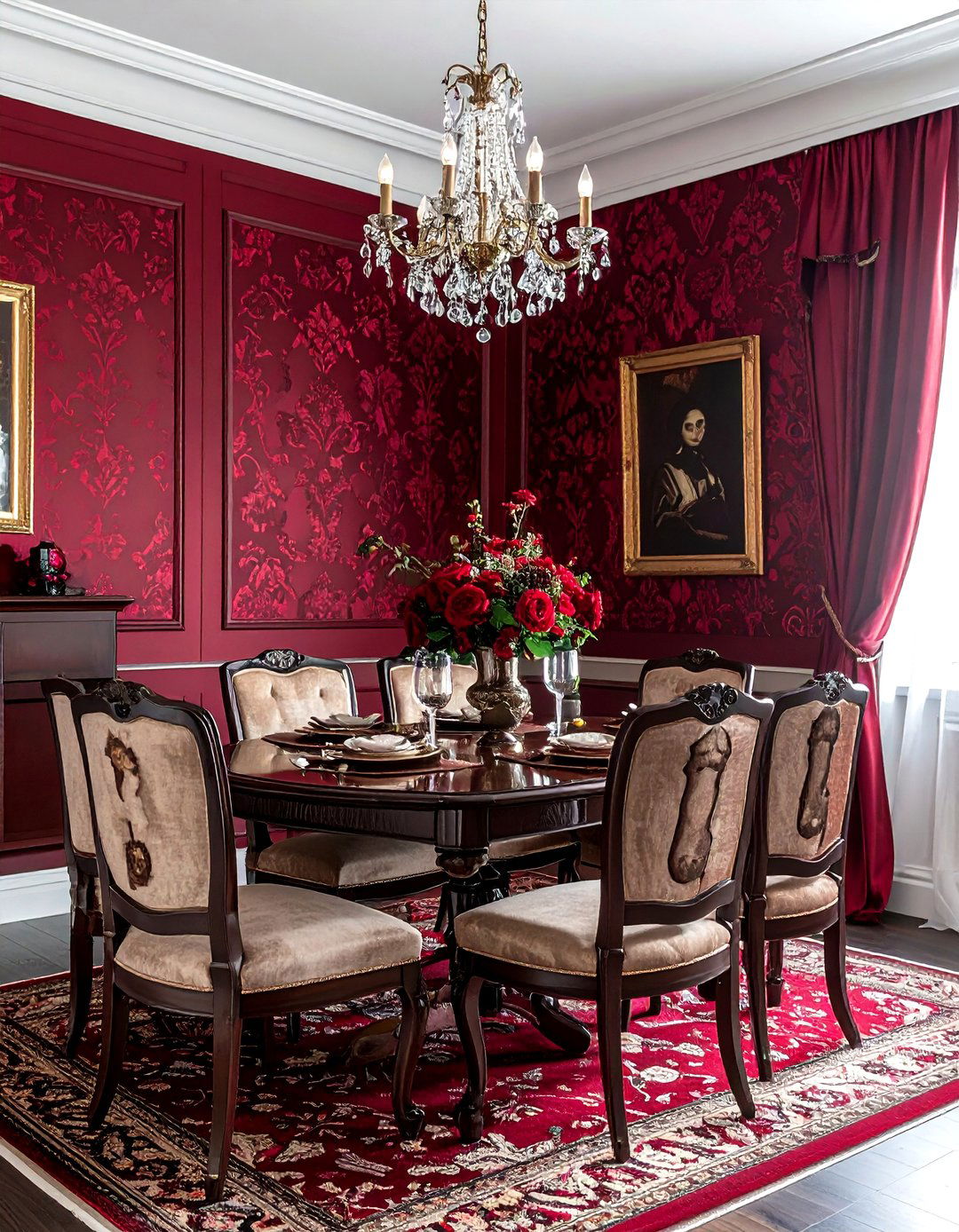 Red patterned dining room - 30 bold wallpaper dining room ideas
