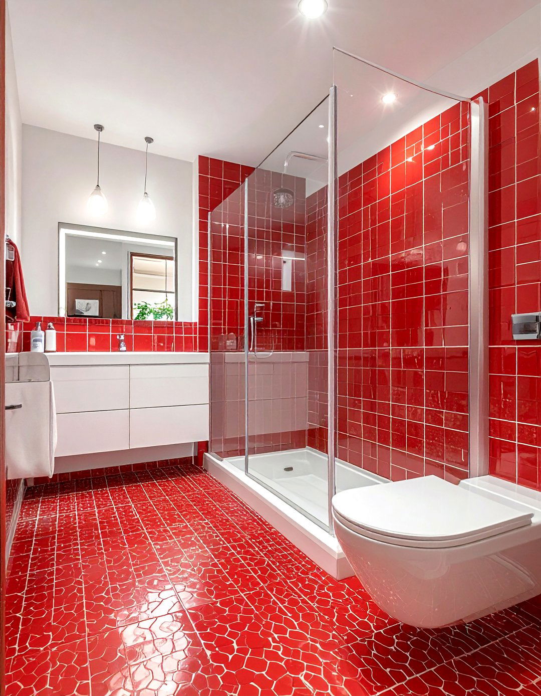 Red penny tile bathroom - 30 red bathroom ideas