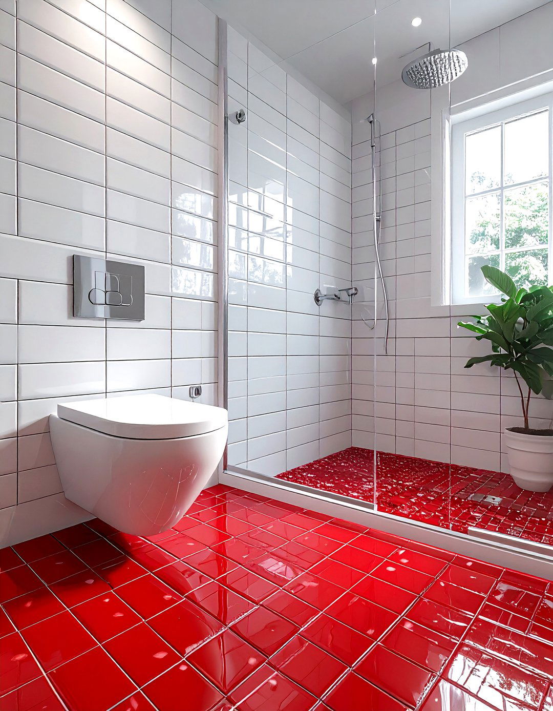 Red penny tile bathroom - 30 red and white bathroom ideas