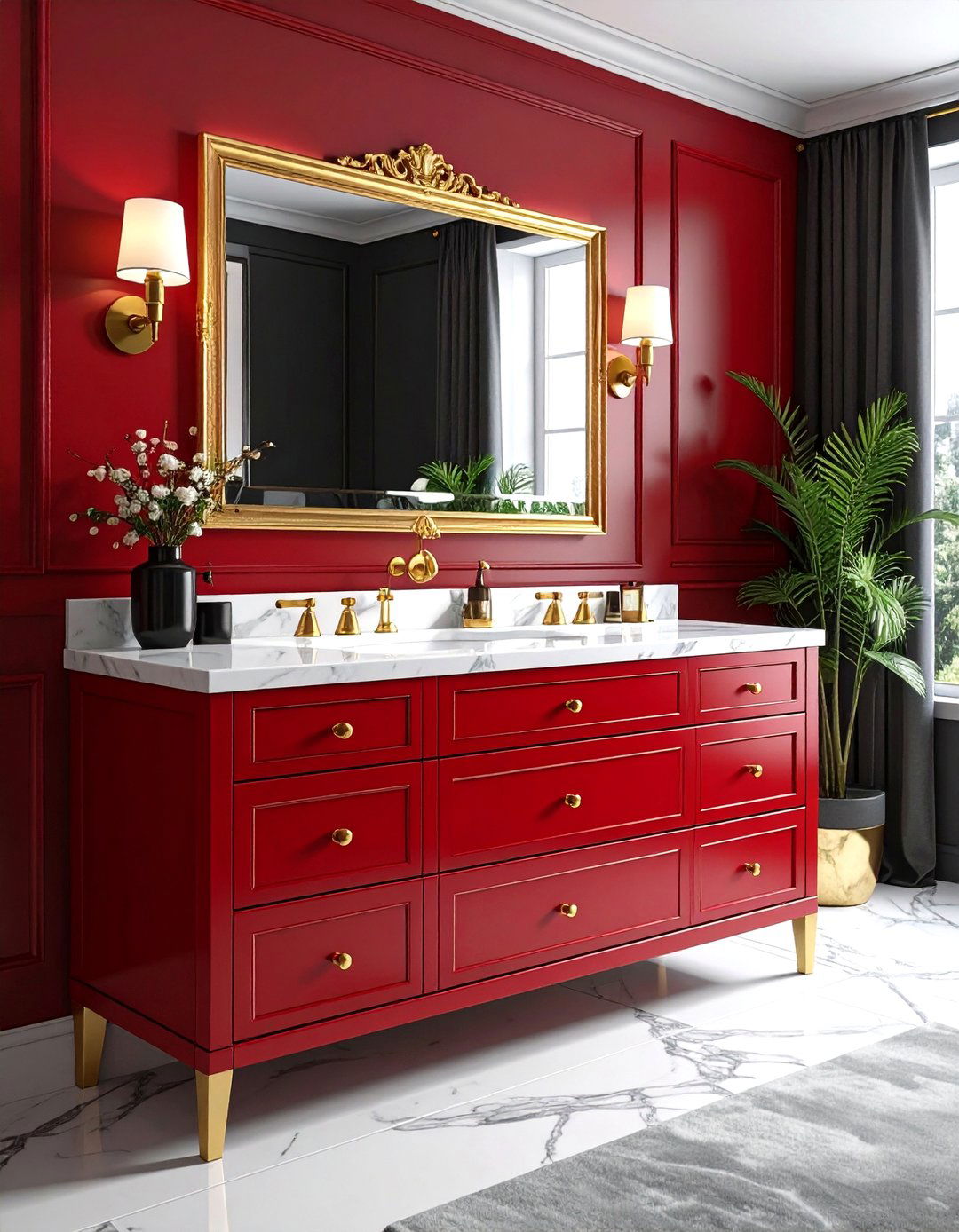 Red vanity gold hardware bathroom - 30 red and white bathroom ideas