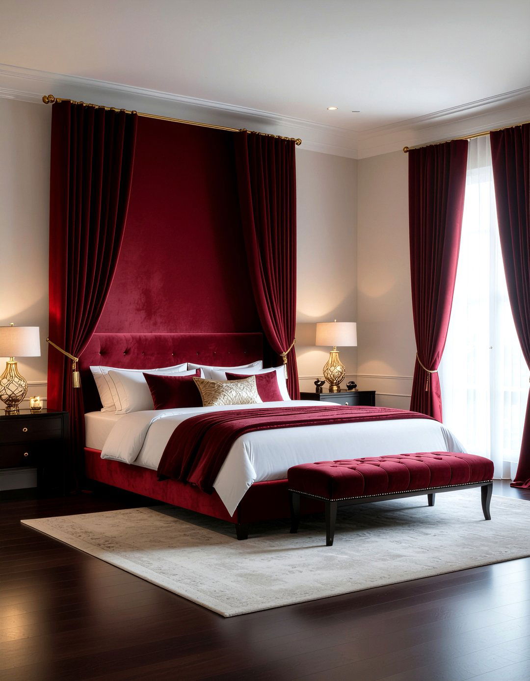 Red velvet drapery - 30 velvet bedroom ideas