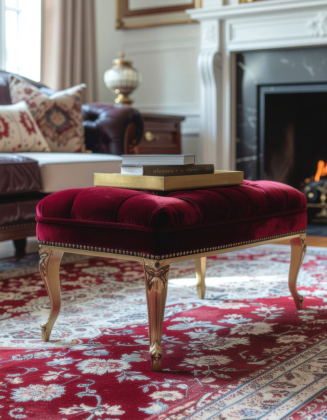 Red velvet ottoman - 30 velvet living room ideas