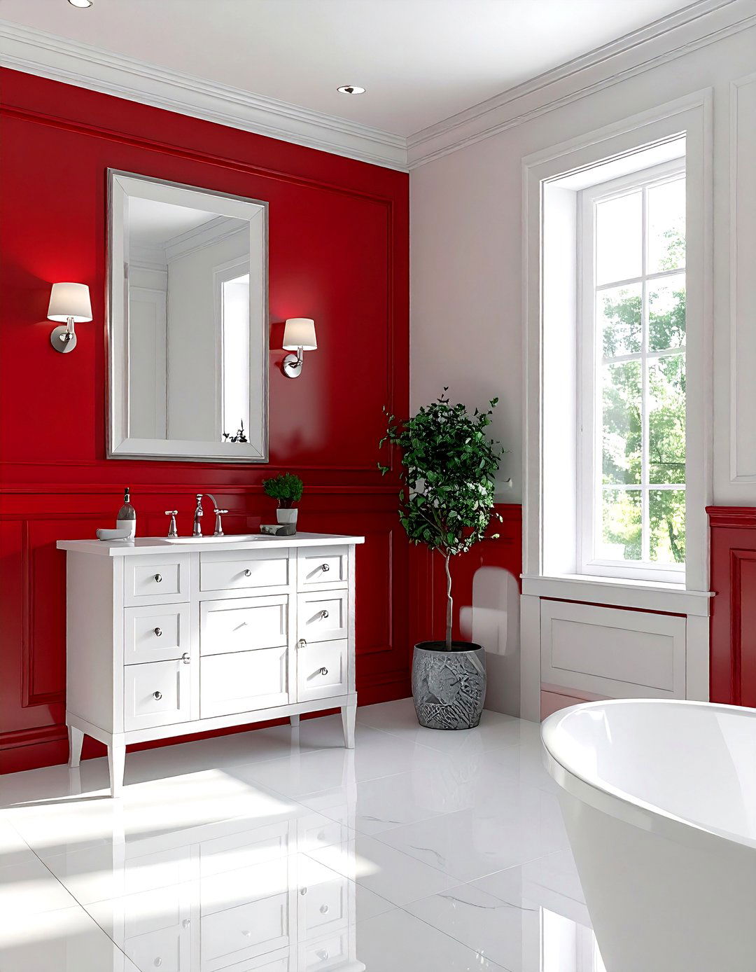 Red wainscoting white bathroom - 30 red and white bathroom ideas