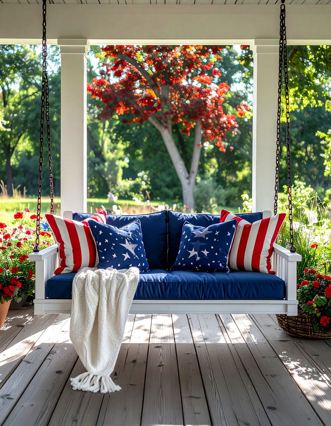 Red white and blue porch swing - 30 patriotic decor ideas