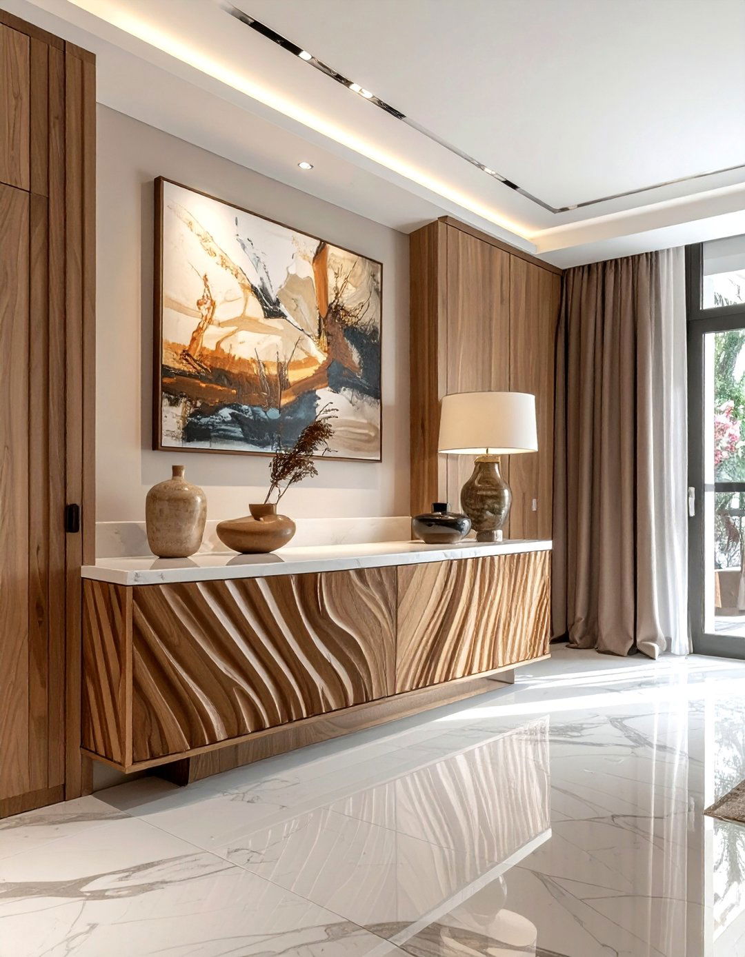 Reeded Wood Cabinet With Stone Top - 30 mixed texture decor ideas