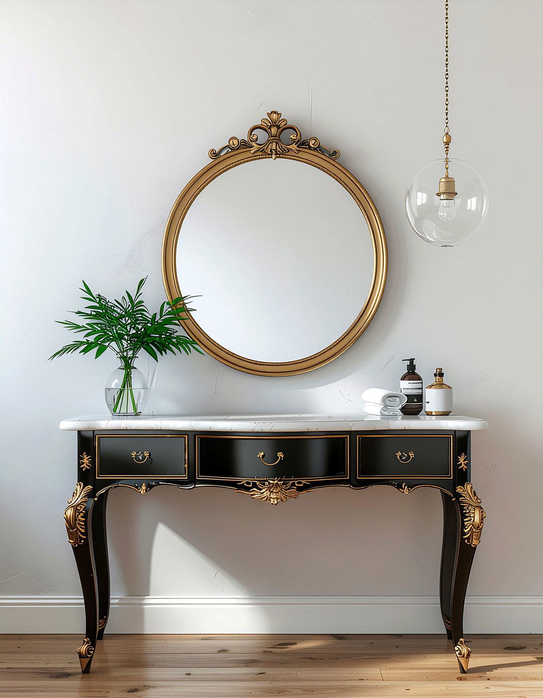 Regency style vanity minimalist walls - 30 bathroom era mixing ideas