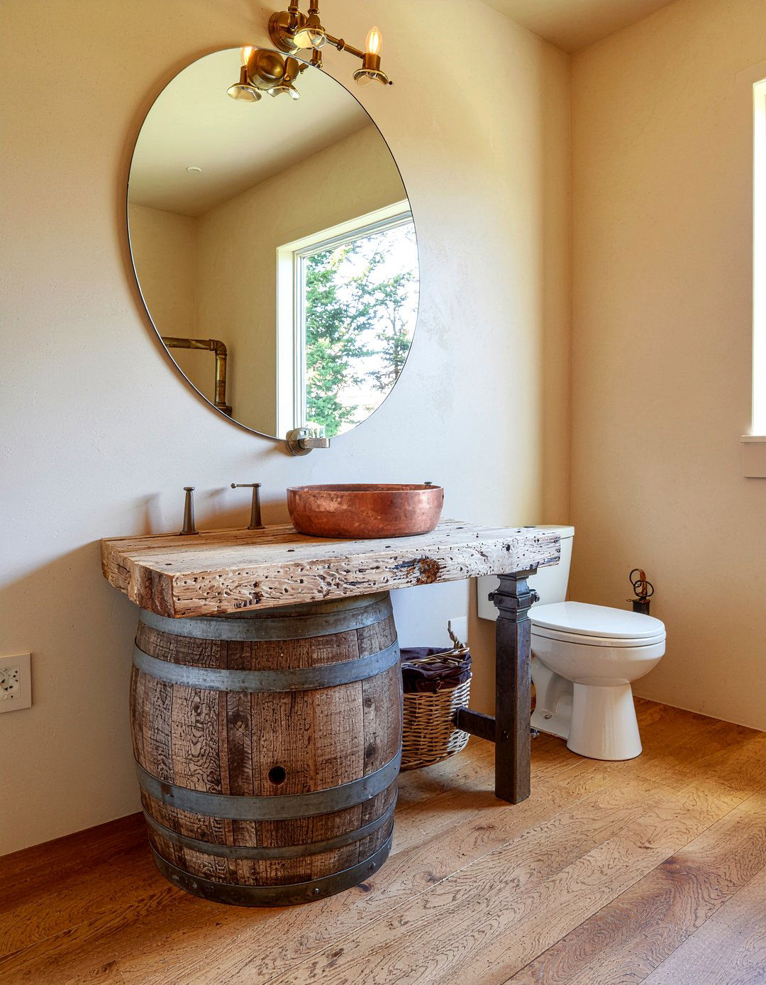 Repurposed wooden barrel vanity - 30 rustic bathroom vanity ideas
