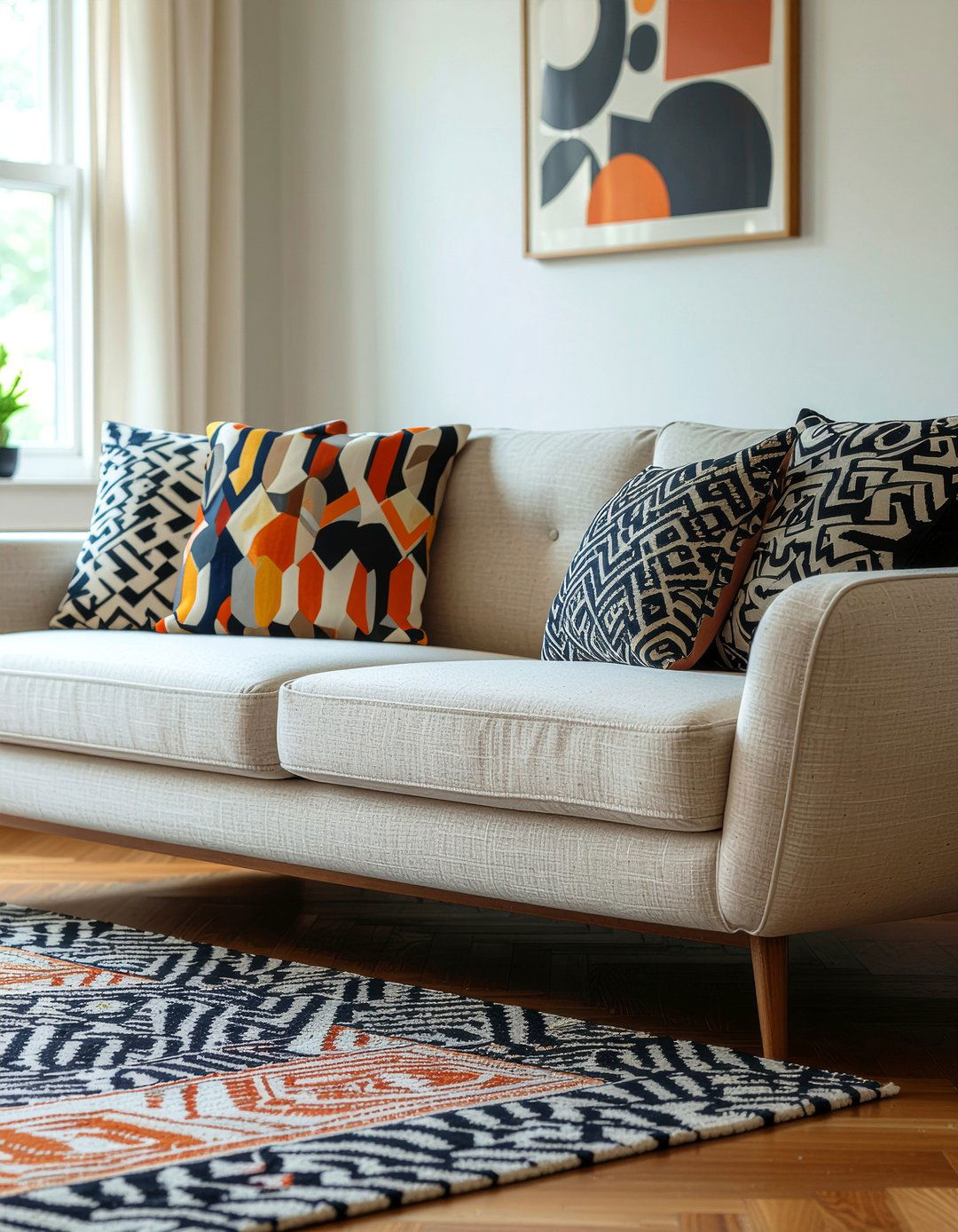 Retro Patterned Sofa Cushions - 30 living room mid-century sofa ideas