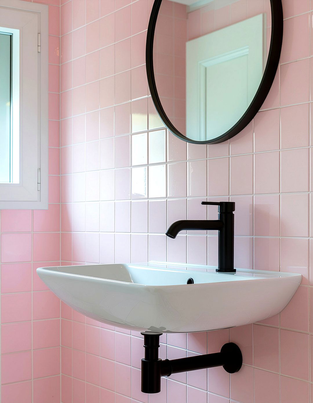 Retro pink tile black modern accents - 30 bathroom era mixing ideas