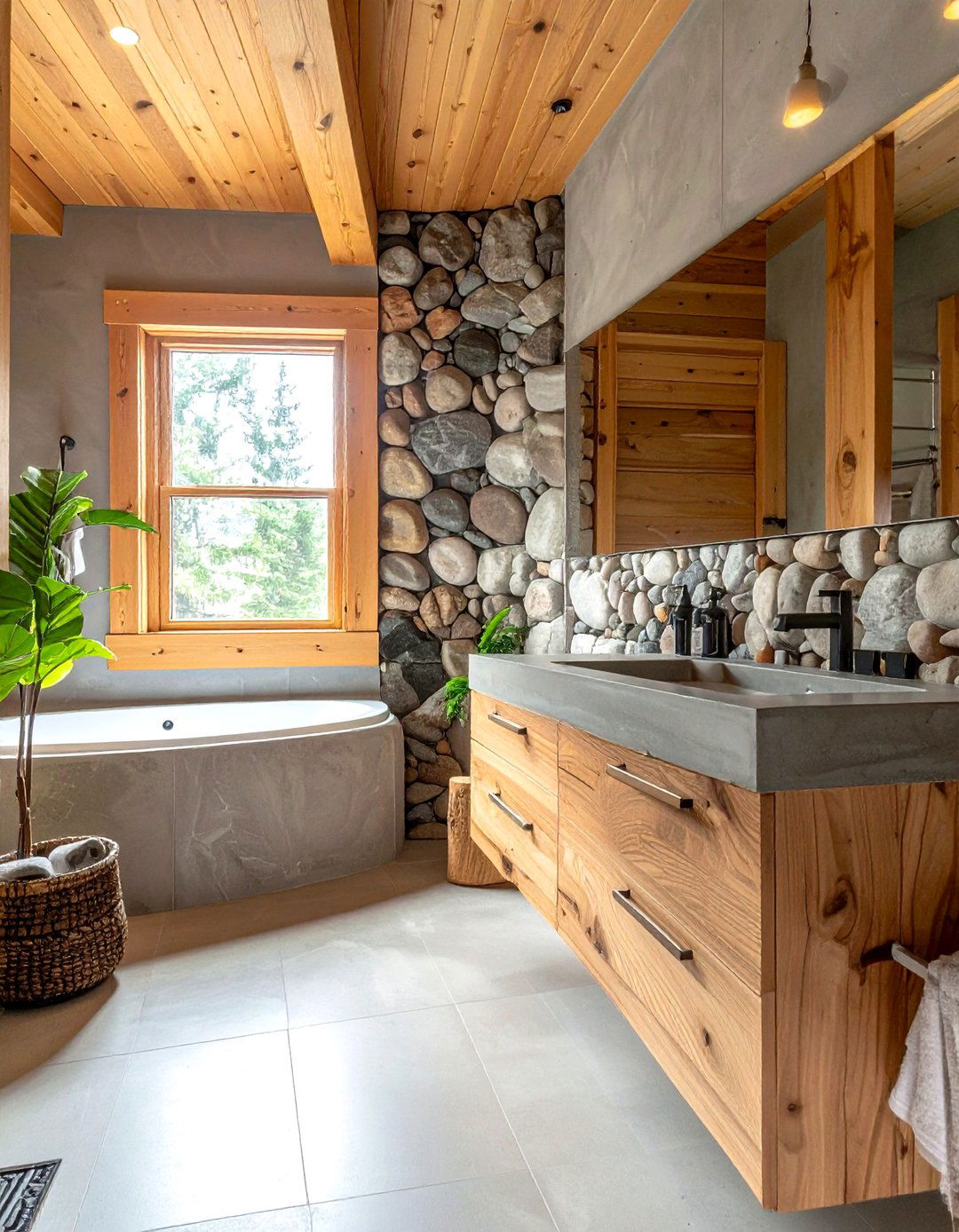 River Rock Backsplash - 30 cabin bathroom ideas