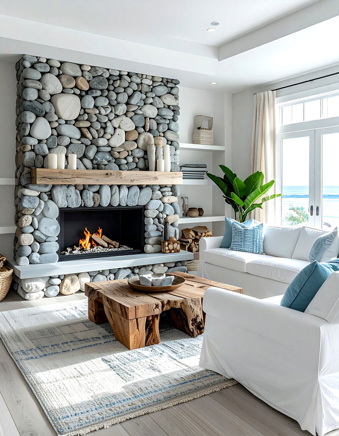 River Rock Fireplace - 30 living room stone wall ideas